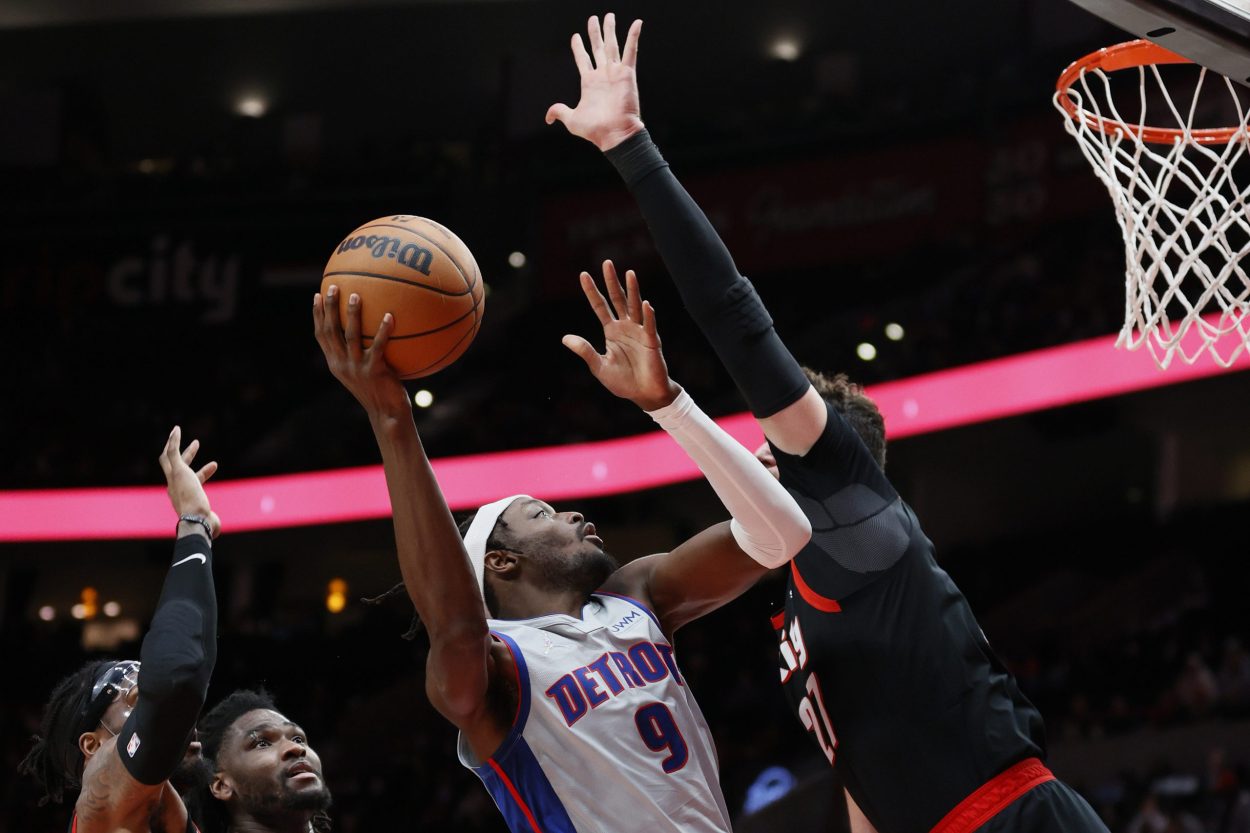 Detroit Pistons forward Jerami Grant #9 shoots during an NBA game against the Portland Trail Blazers in November 2021