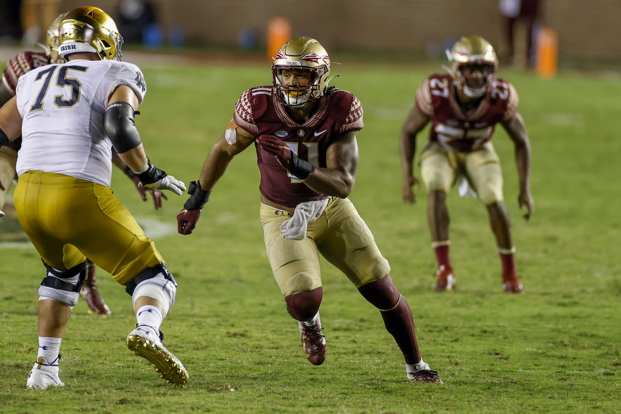Florida State Seminoles defensive end Jermaine Johnson II during the game between the Notre Dame Fighting Irish and the Florida State Seminoles. Johnson could be a Seattle Seahawks target in the 2022 NFL Draft.