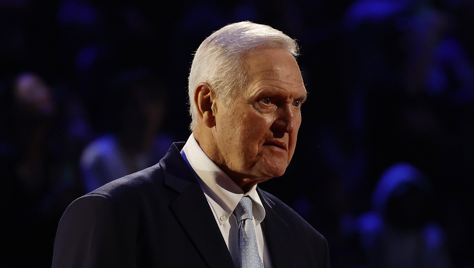 Jerry West reacts after being introduced as part of the NBA 75th Anniversary Team during the 2022 NBA All-Star Game on Feb. 20, 2022. | Tim Nwachukwu/Getty Images