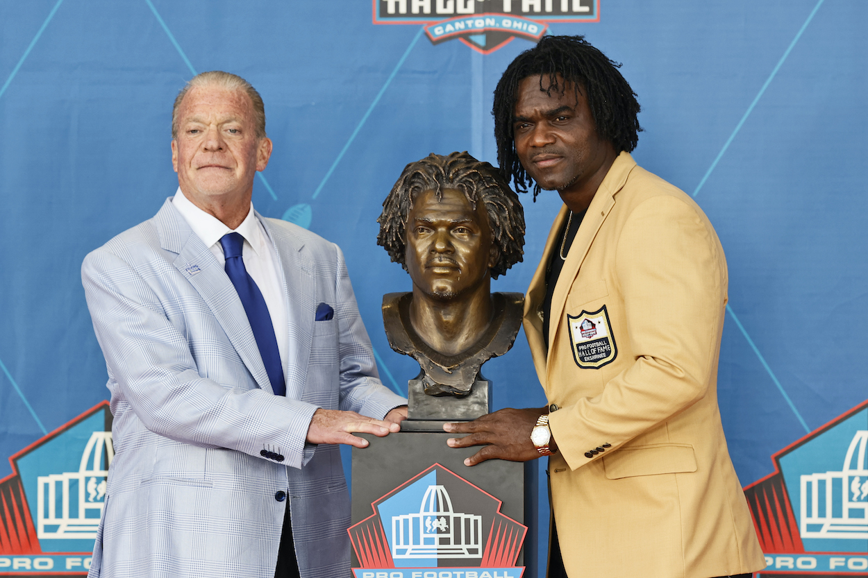 Edgerrin James (R), a member of the Pro Football Hall of Fame Centennial Class, poses with his presenter Indianapolis Colts owner Jim Irsay during the induction ceremony at the Pro Football Hall of Fame.