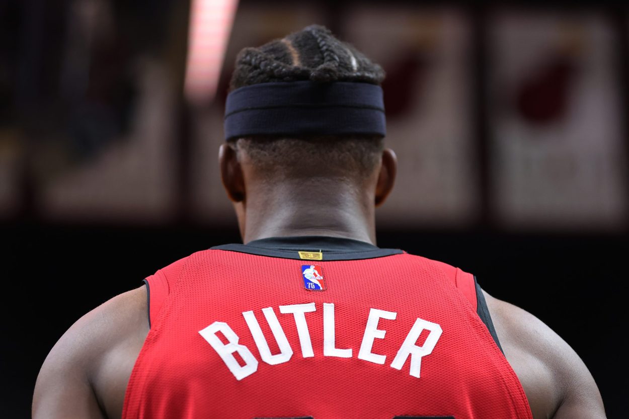 Miami Heat guard Jimmy Butler stands on the court during a game against the Houston Rockets in March 2022