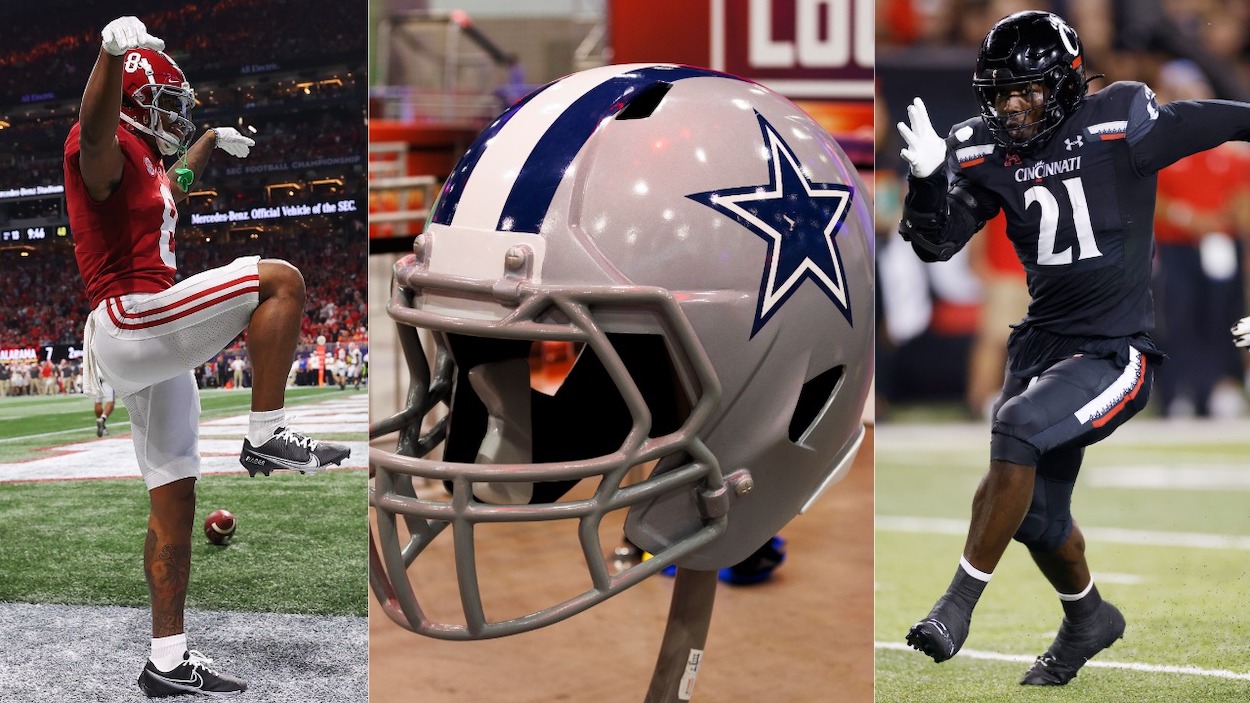 (L-R) Alabama WR John Metchie III, a Dallas Cowboys helmet, and Cincinnati DEMyjai Sanders. Metchie and Sanders are second- and third-round picks in this Dallas Cowboys mock draft.