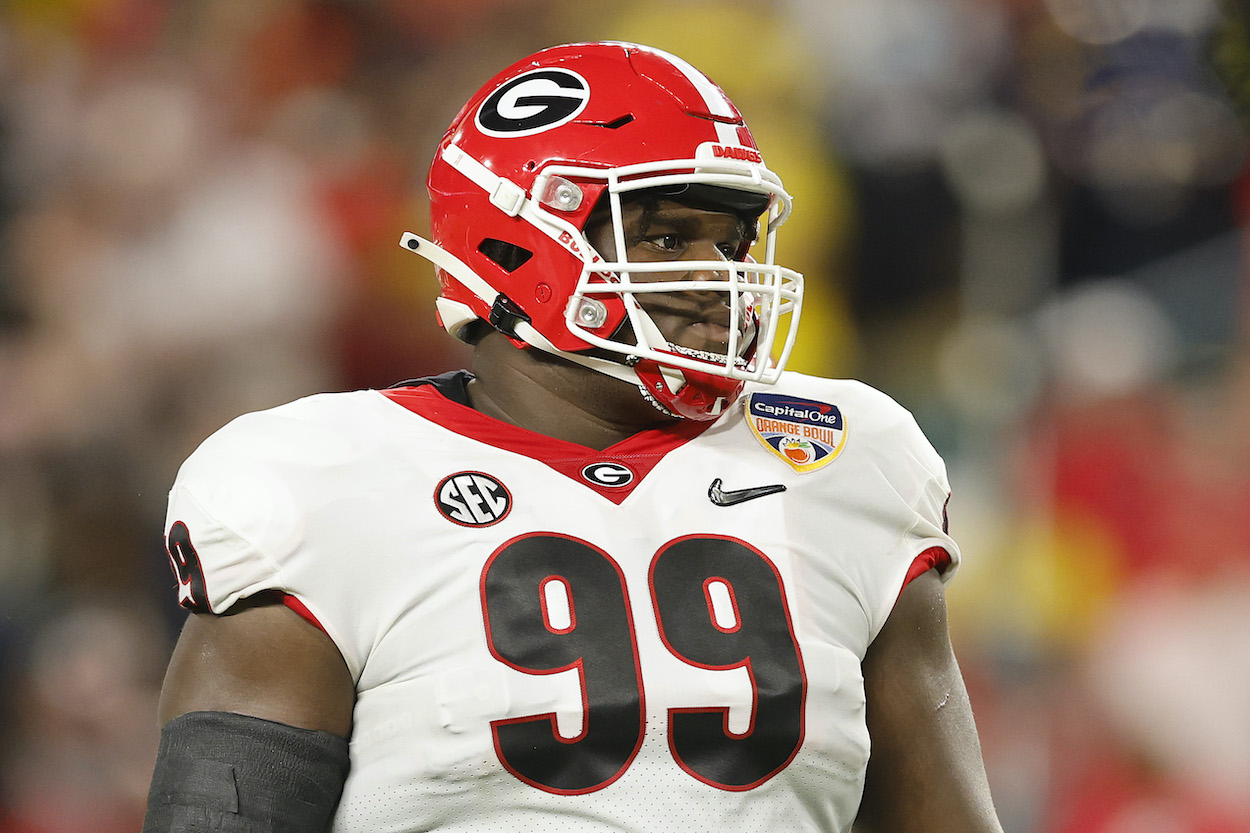 Jordan Davis of the Georgia Bulldogs looks on against the Michigan Wolverines. Davis is now a potential NFL draft pick for the Minnesota Vikings.