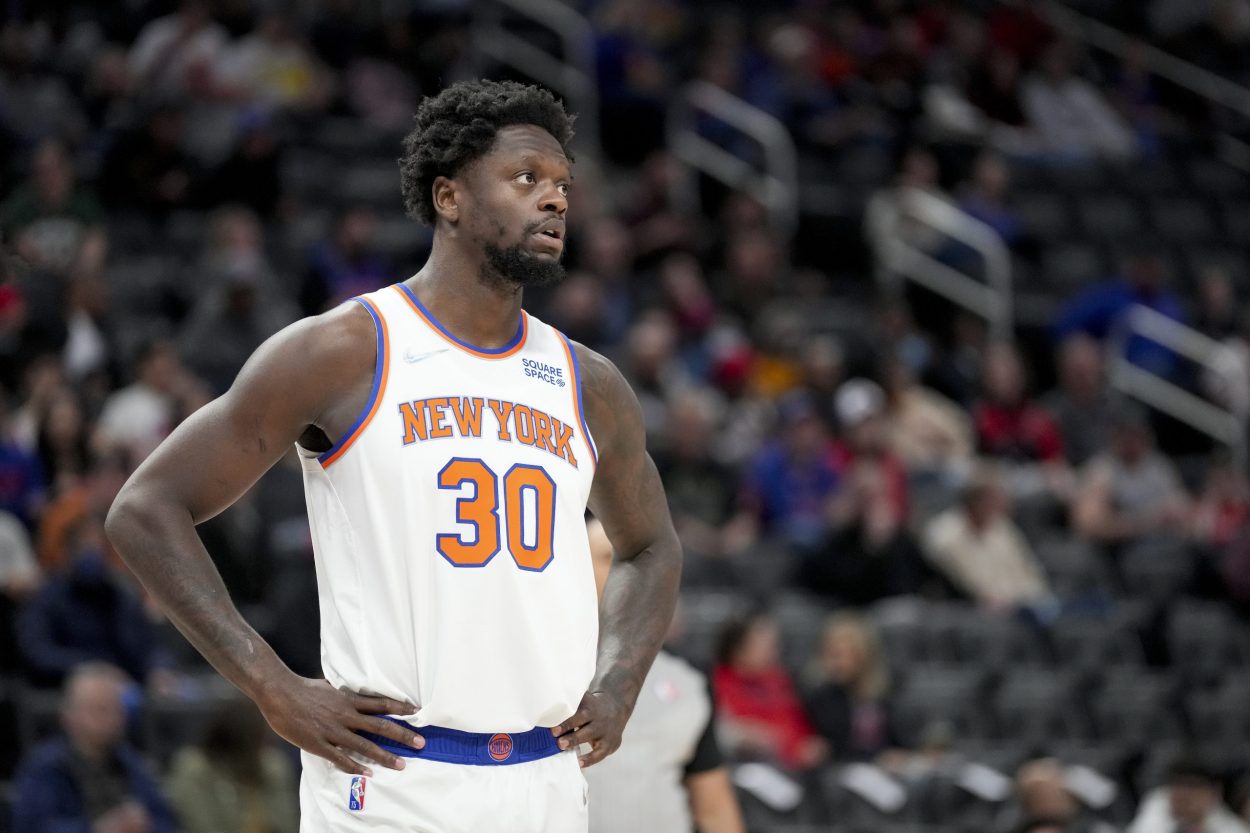 New York Knicks forward Julius Randle looks on during an NBA game against the Detroit Pistons in March 2022