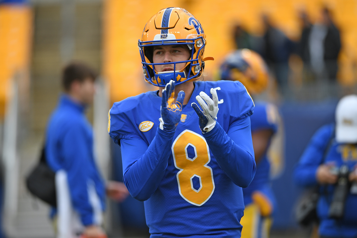 Kenny Pickett of the Pittsburgh Panthers warms up before the game against the Miami Hurricanes. Pickett could go No. 6 to the Carolina Panthers in the 2022 NFL Draft.