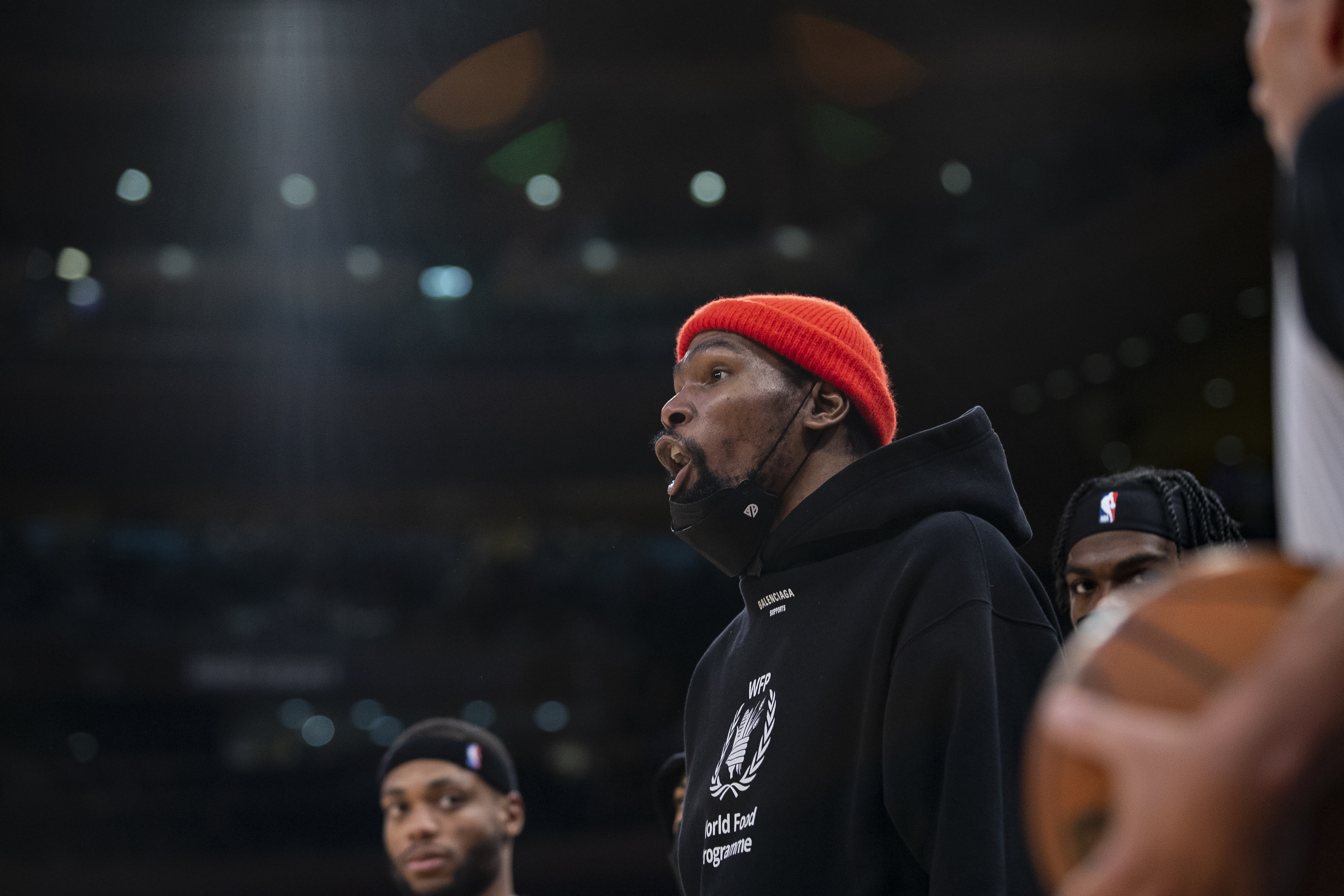 Brooklyn Nets star Kevin Durant reacts during an NBA game against the New York Knicks in February 2022