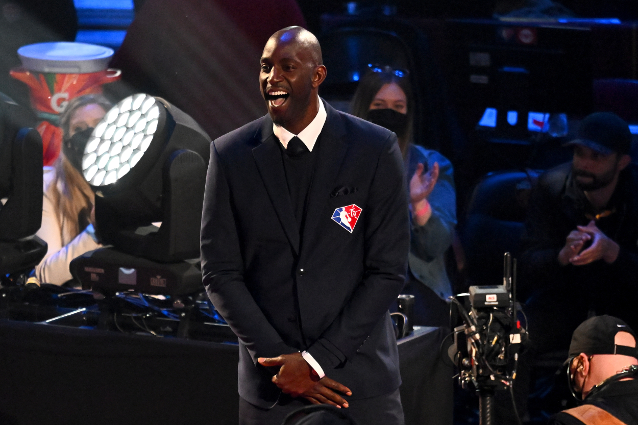 Kevin Garnett reacts after being introduced as part of the NBA 75 anniversary team.