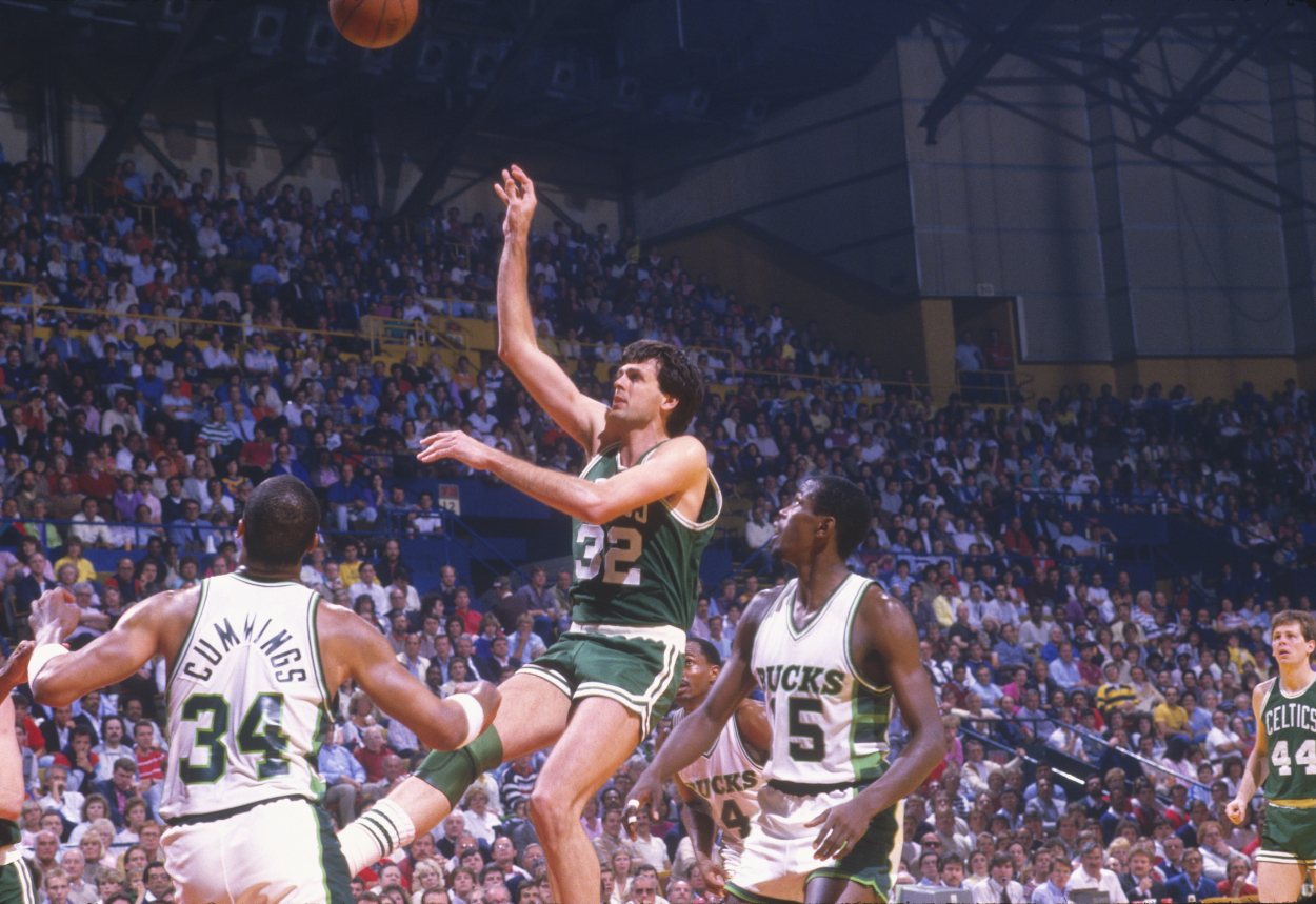 Kevin McHale of the Boston Celtics takes a shot against the Milwaukee Bucks during the 1982 NBA Playoffs.