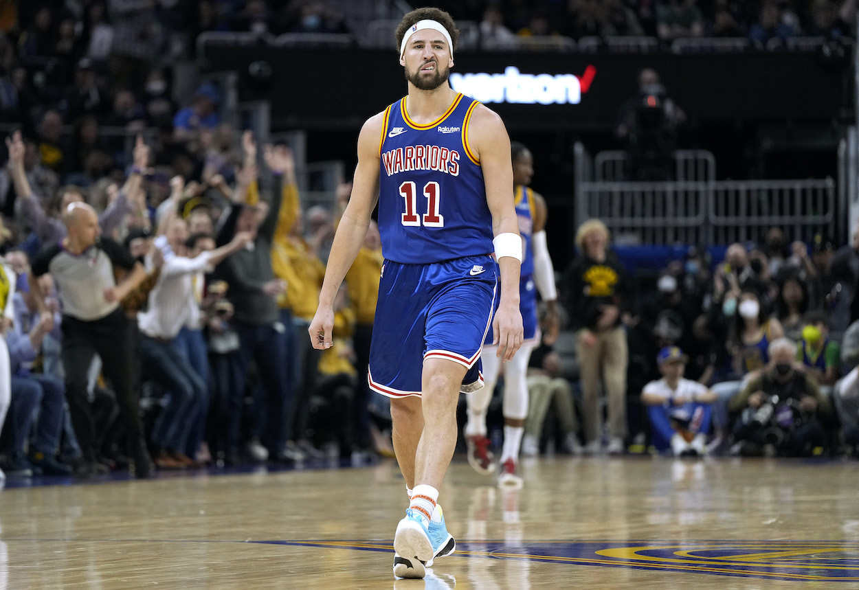 Klay Thompson reacts during a game.