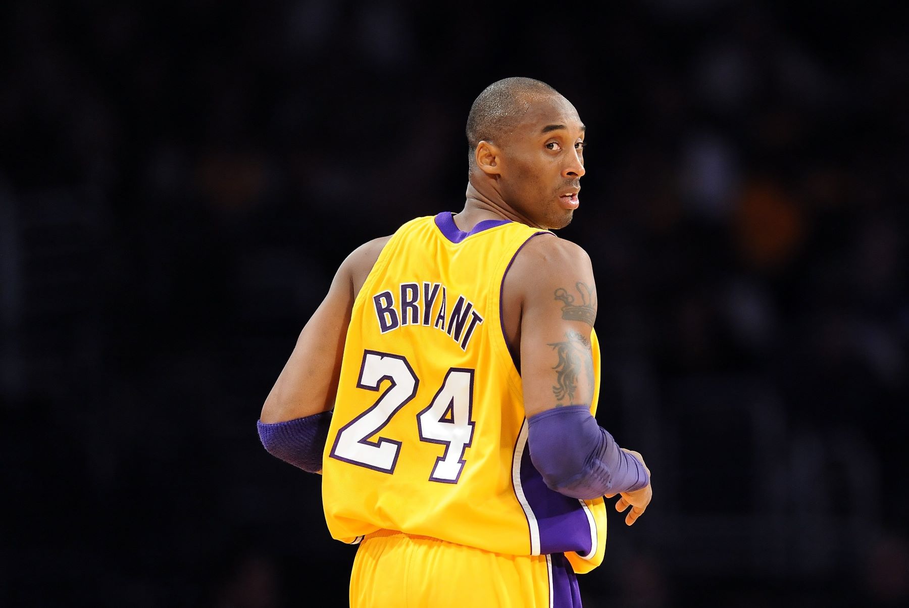 Former NBA superstar Kobe Bryant playing as #24 on the Los Angeles Lakers against the Houston Rockets