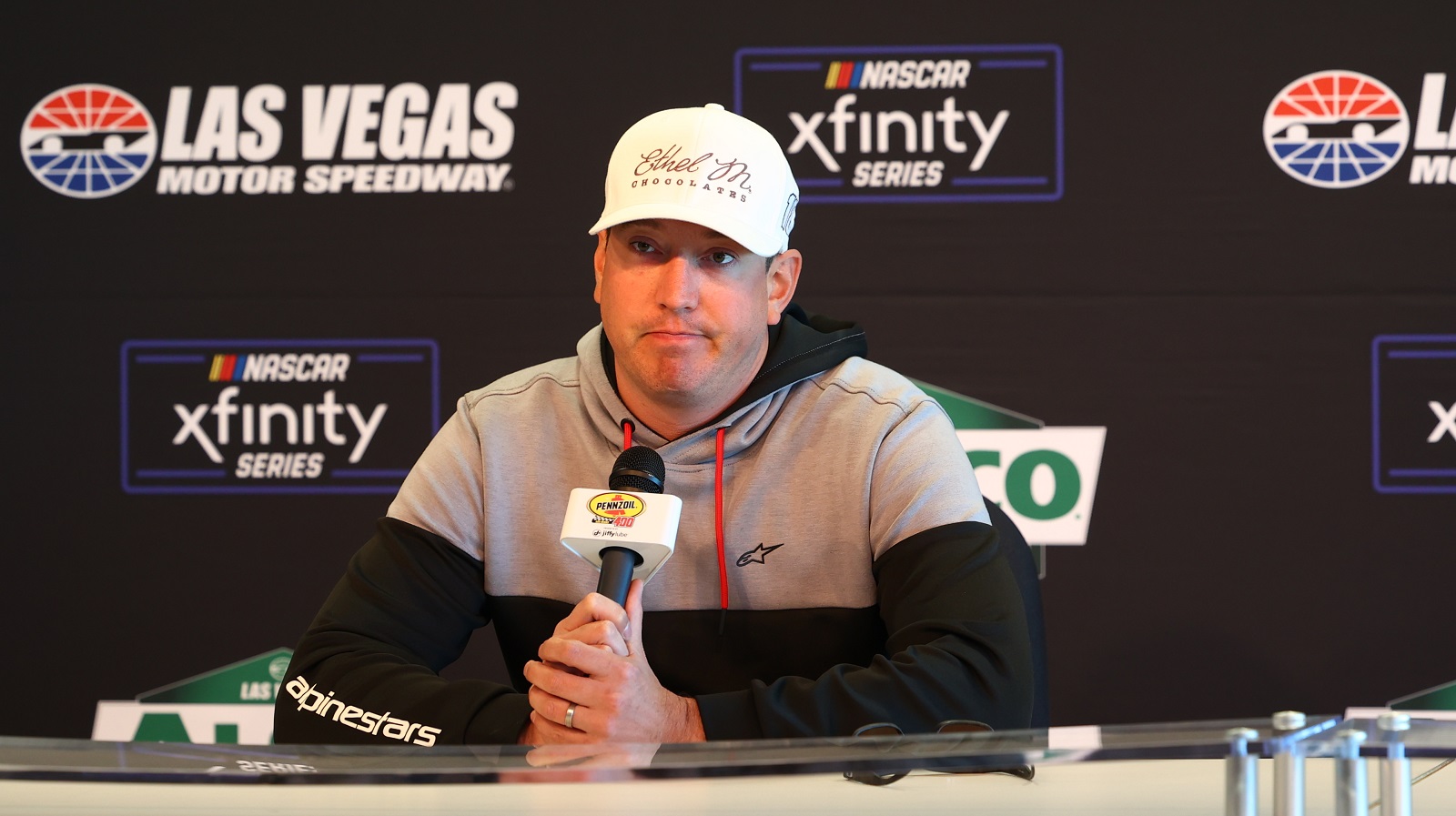 Kyle Busch speaks during a press conference before practice and qualifying for the Pennzoil 400 NASCAR Cup Series race, on March 5, 2022. | Dan Trobaugh/LVMS/Icon Sportswire via Getty Images