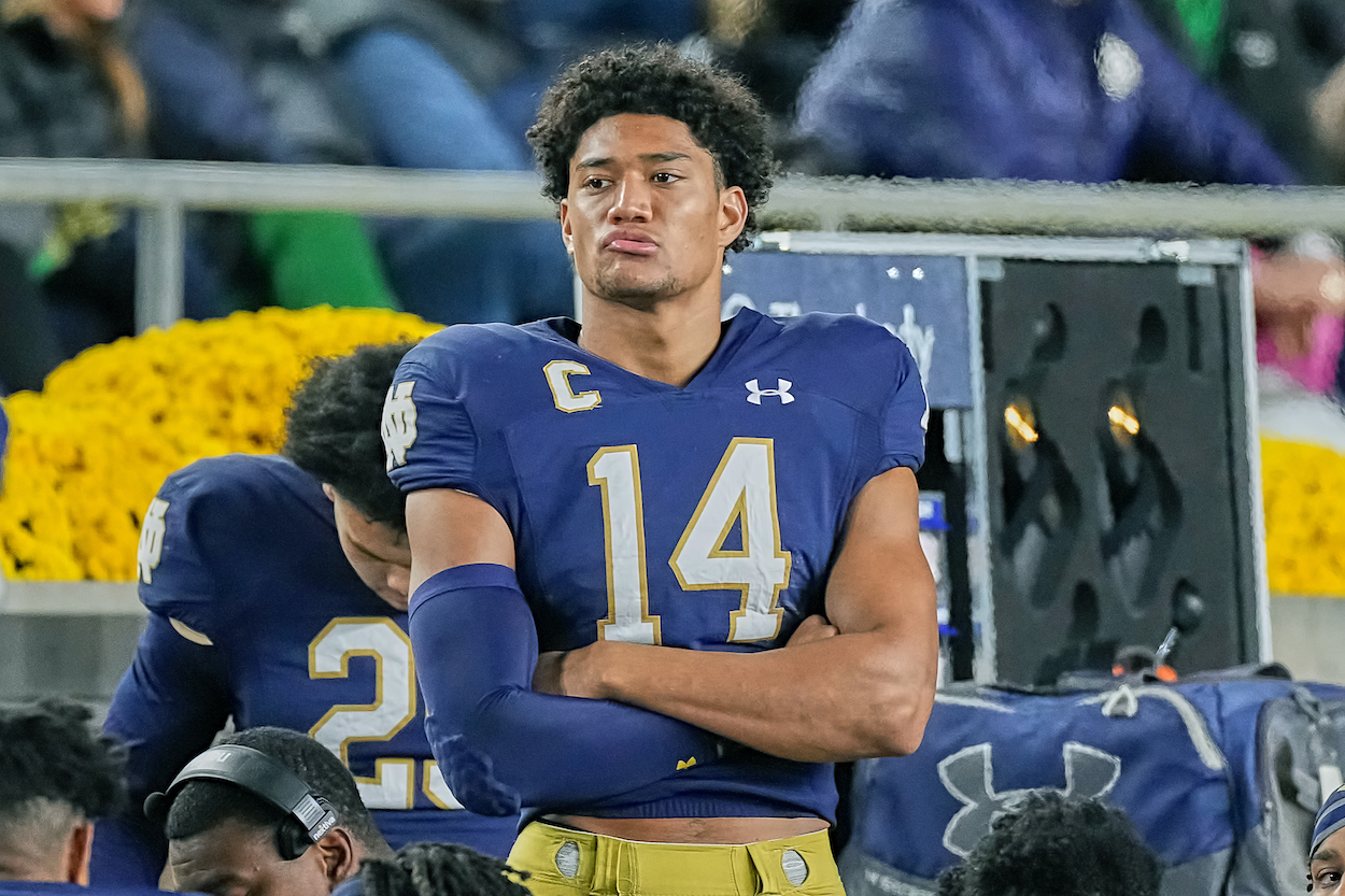 Notre Dame Fighting Irish safety Kyle Hamilton, who ESPN's Mel Kiper Jr. projects to go No. 2 overall in the 2022 NFL Draft to the Detroit Lions, looks on during a game.