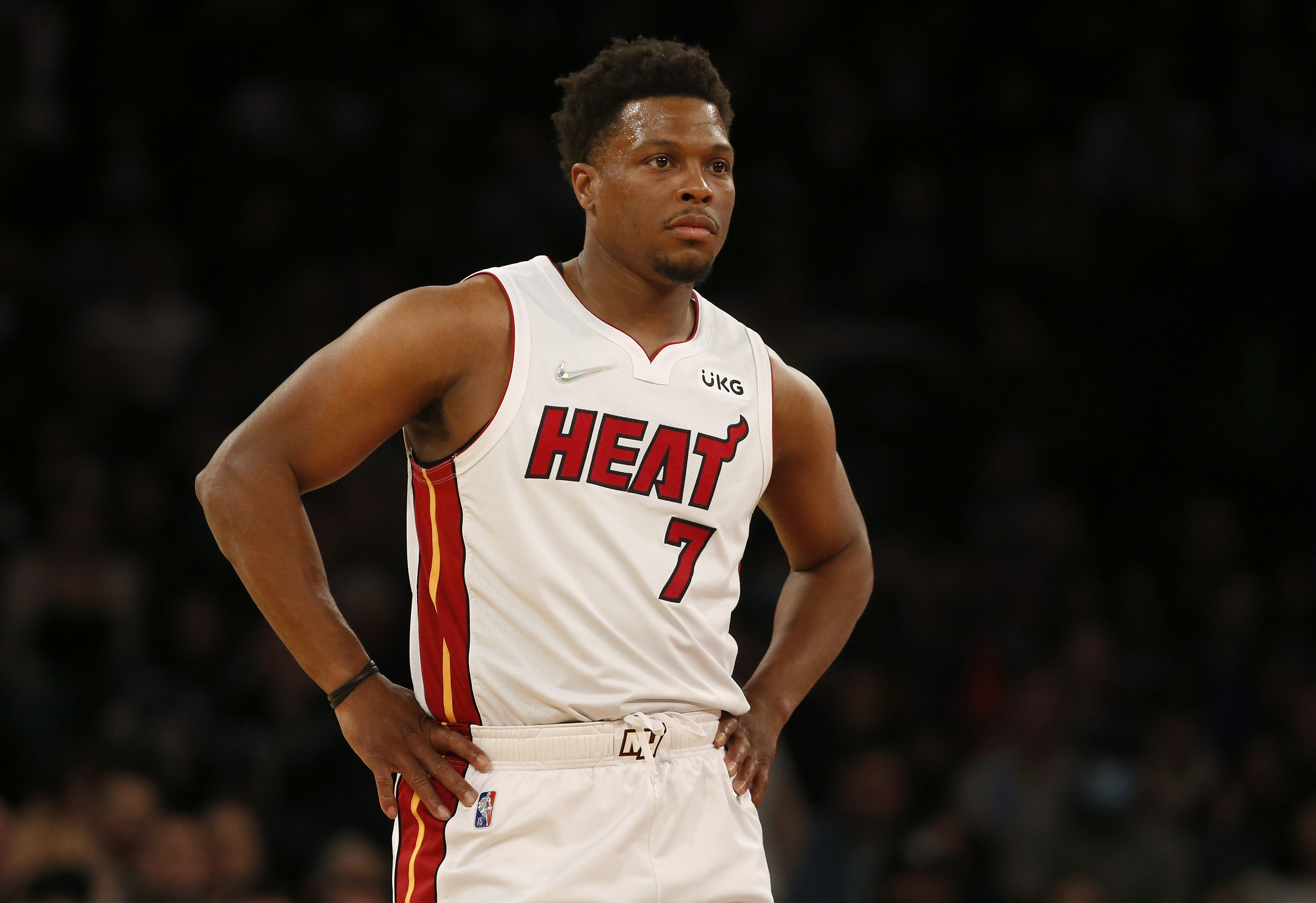 Miami Heat point guard Kyle Lowry looks on during an NBA game against the New York Knicks in February 2022