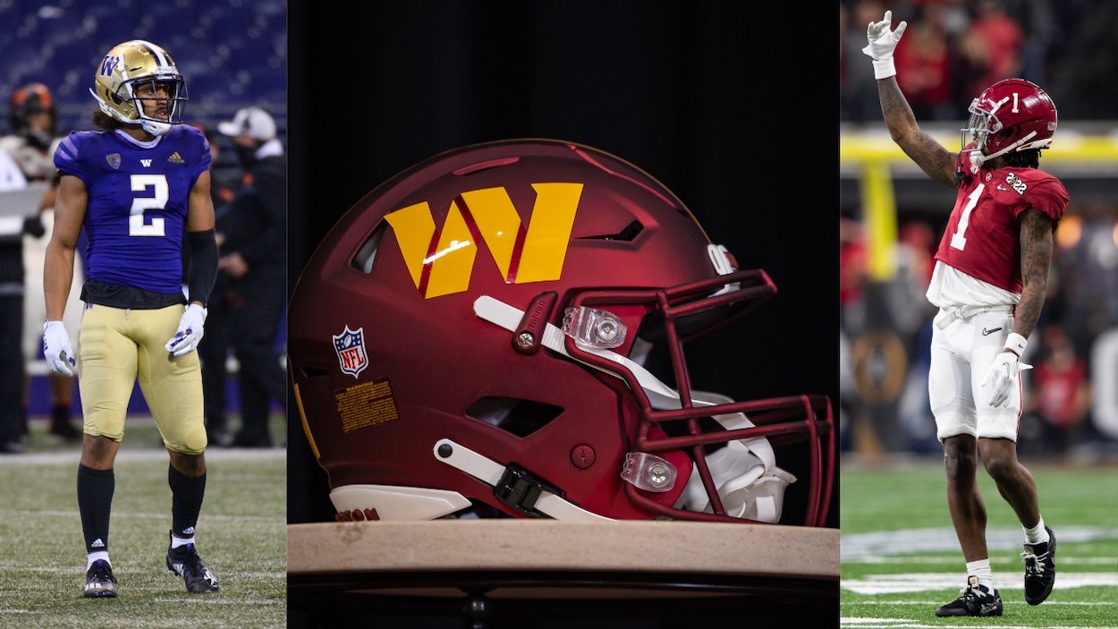 (L-R) Washington Huskies CB Kyler Gordon, the new Washington Commanders helmet, and Alabama WR Jameson Williams. Gordon and Williams are picks in this four-round Washington Commanders mock draft.