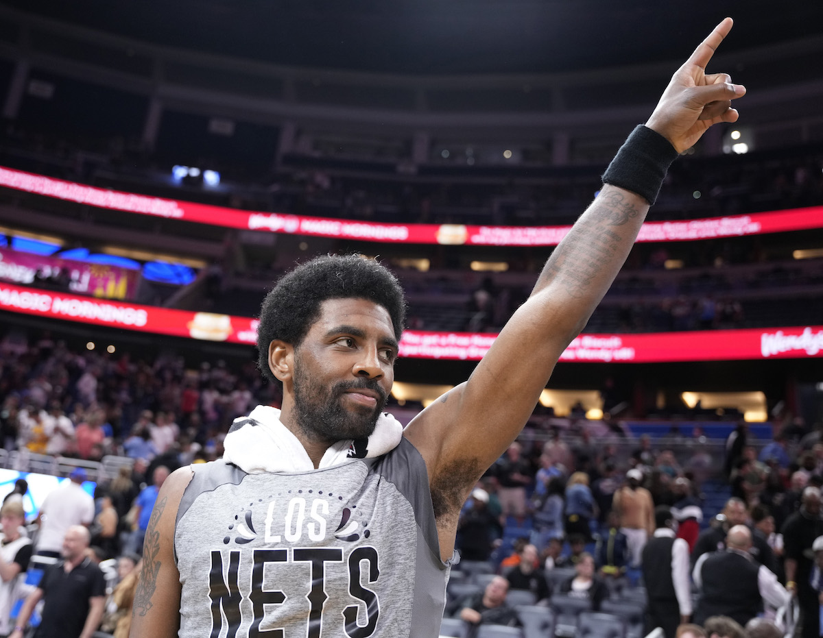 Kyrie Irving celebrates for the Brooklyn Nets.
