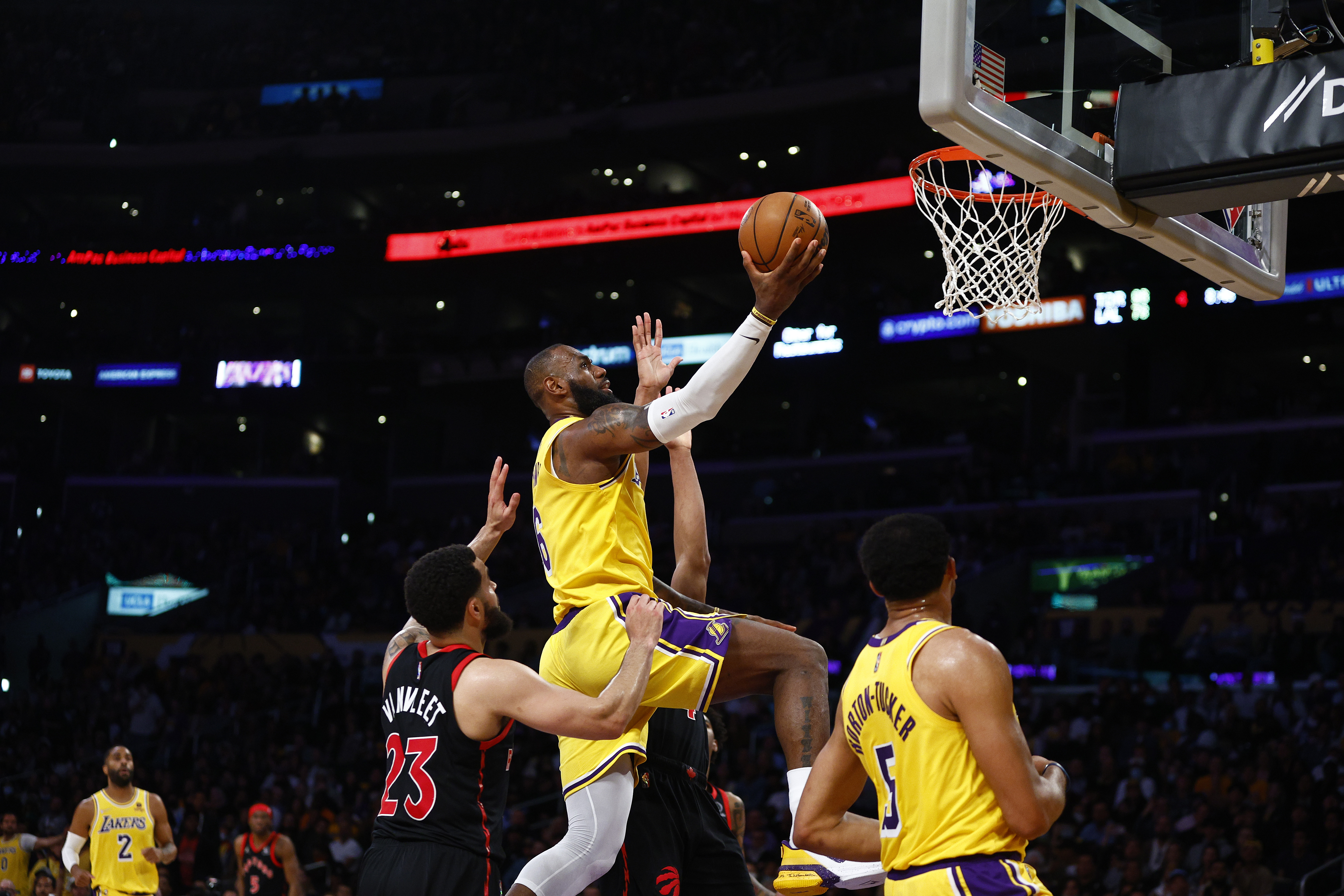 Los Angeles Lakers forward LeBron James attempts a layup against the Toronto Raptors.