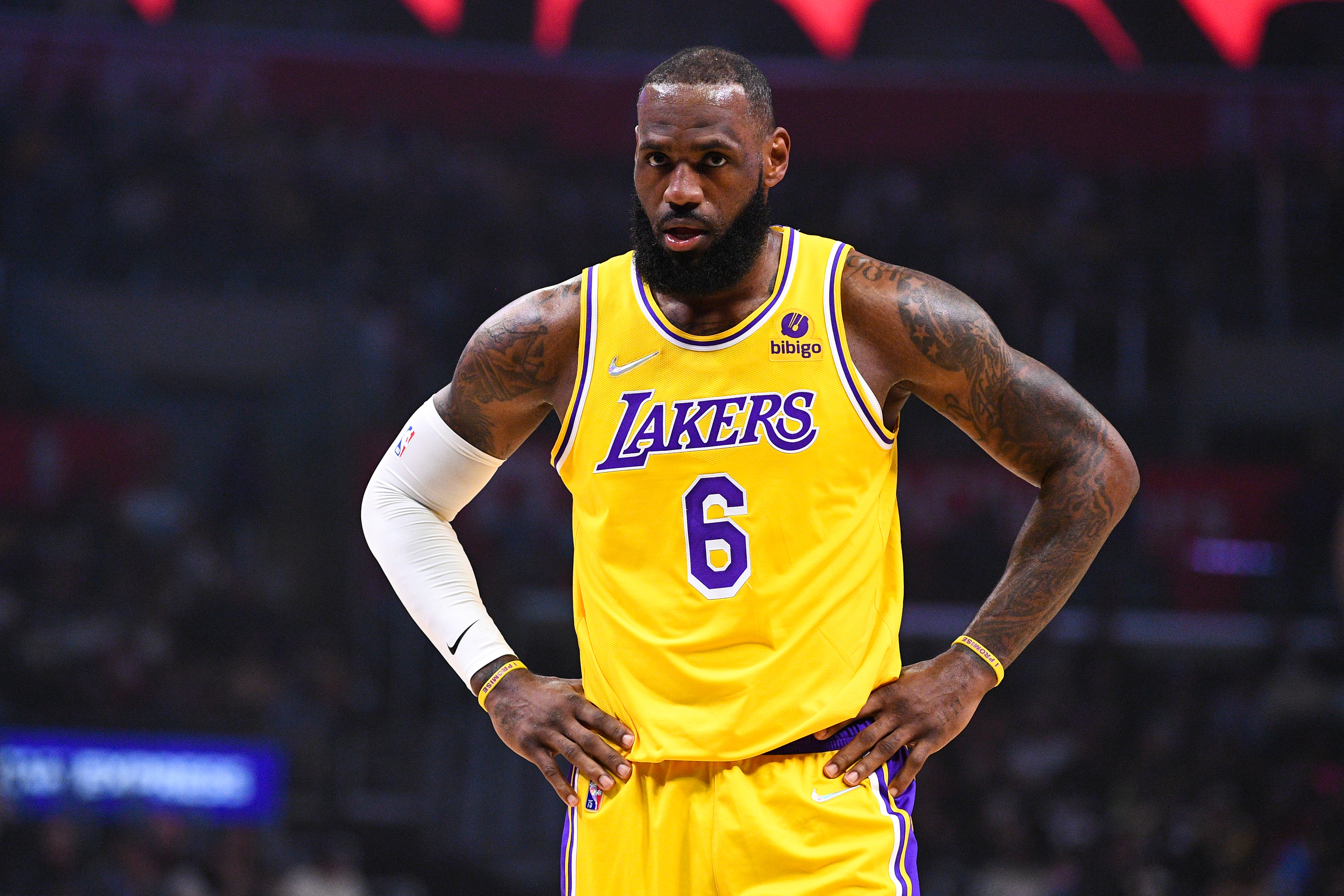 Lakers forward LeBron James reacts to a play during a game against the Clippers.