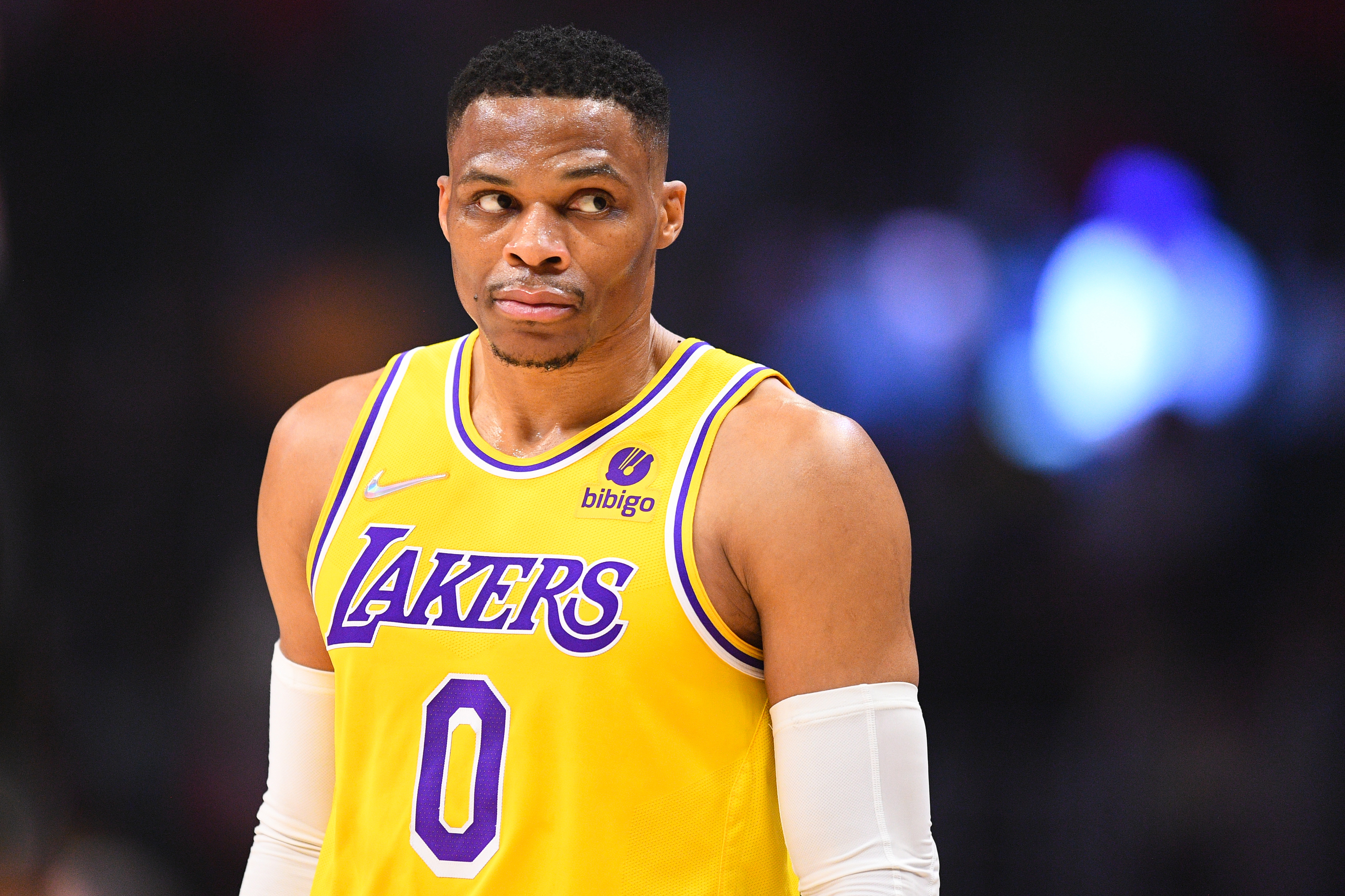 Los Angeles Lakers point guard Russell Westbrook reacts to a play against the Los Angeles Clippers. 