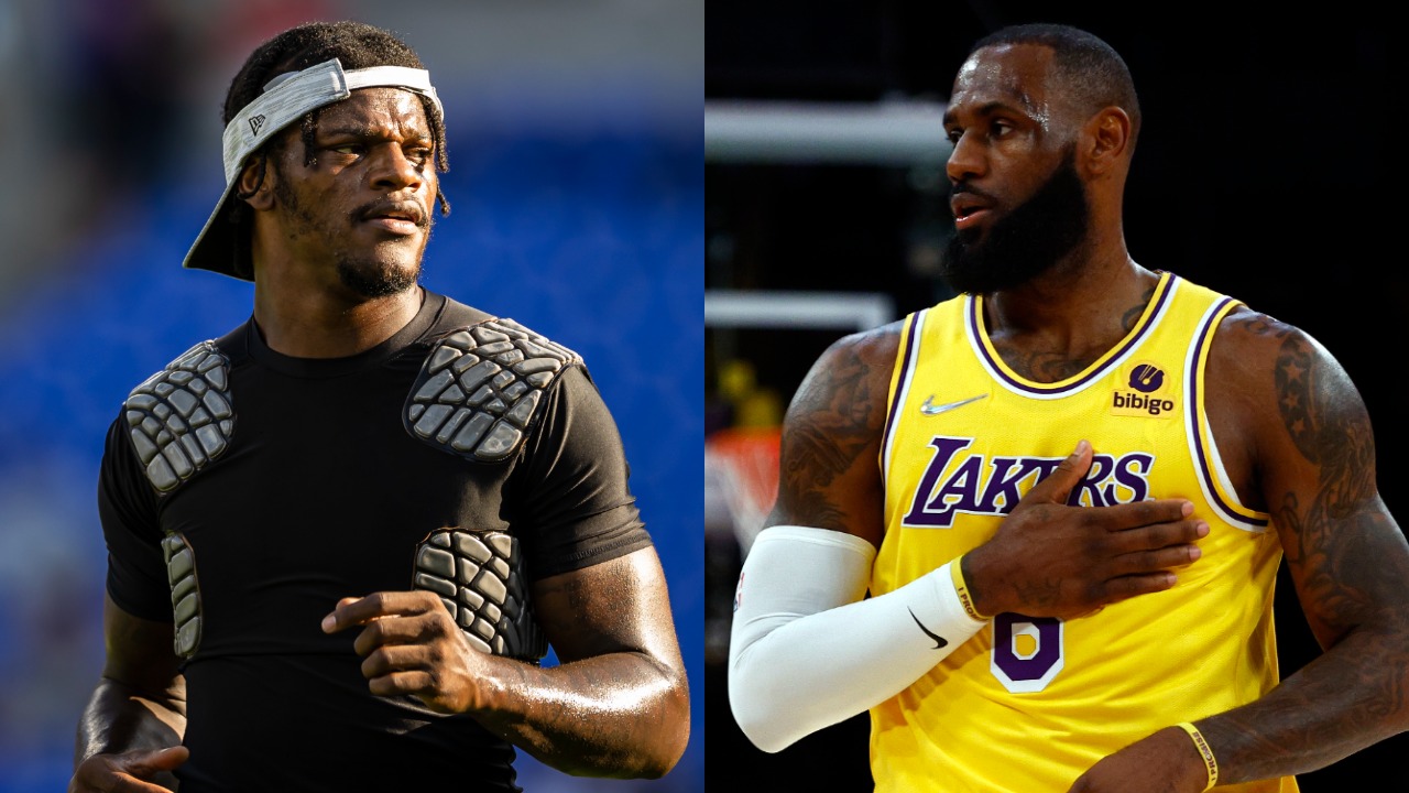 Ravens QB Lamar Jackson warms up before a game | Lakers forward LeBron James in action