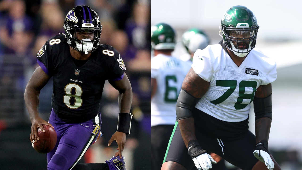 Ravens QB Lamar Jackson runs ball against the Colts; Jets offensive tackle Morgan Moses at training camp
