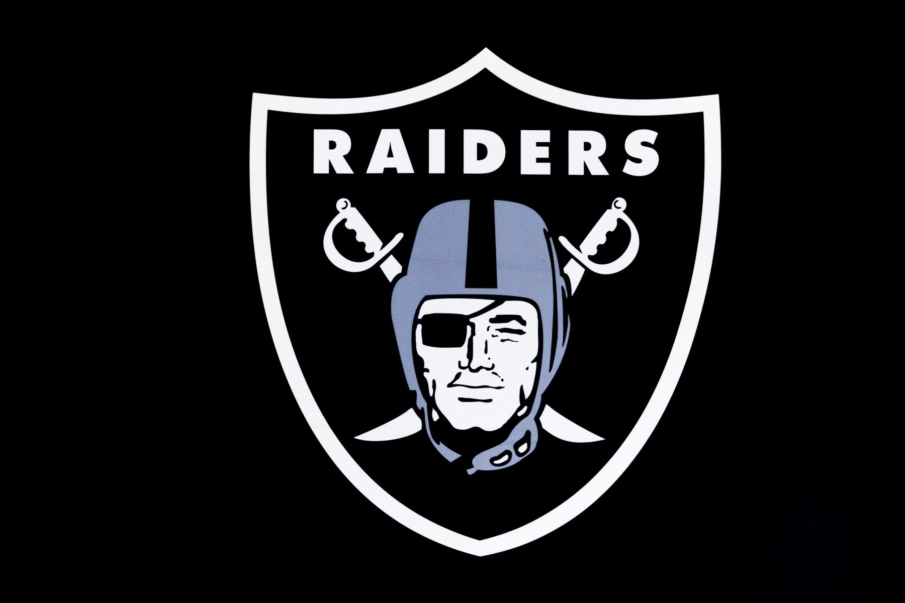 NFL team Las Vegas Raiders logo seen at the Los Angeles Convention Center during the Super Bowl Experience