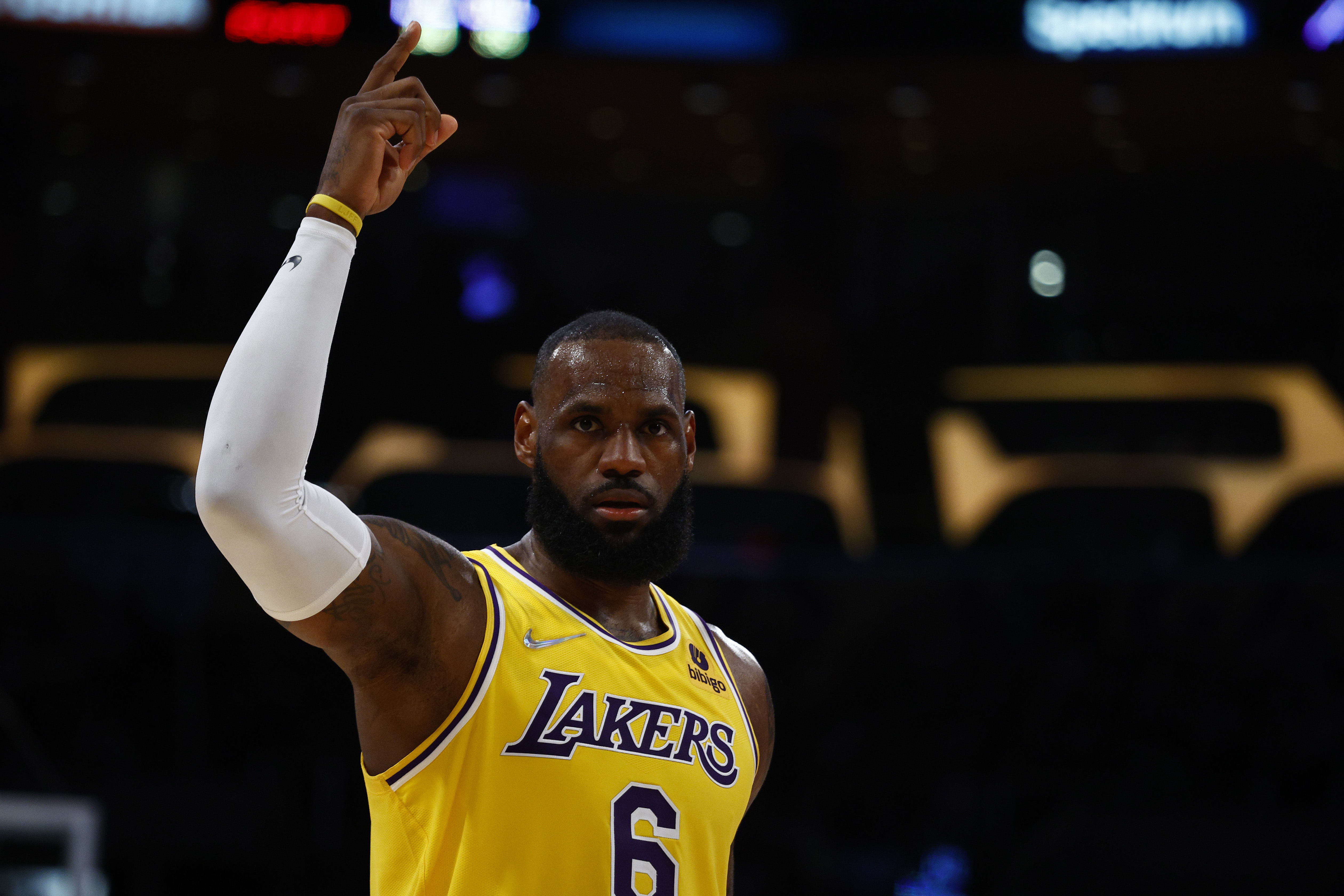 Los Angeles Lakers star LeBron James reacts during an NBA game in March 2022