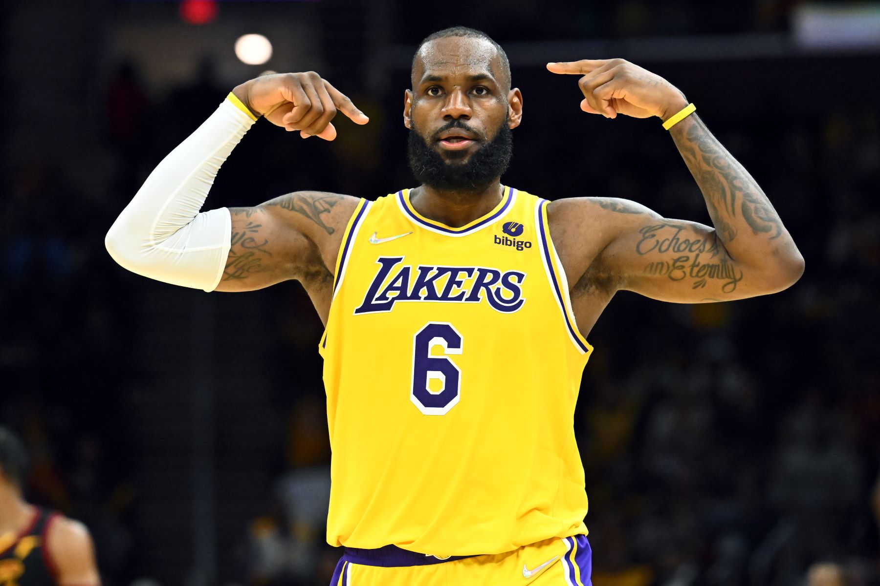 LeBron James #6 of the Los Angeles Lakers NBA team during a game against the Cleveland Cavaliers