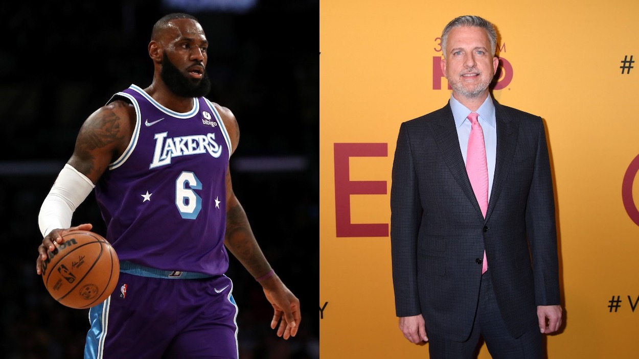 (L-R) LeBron James of the Los Angeles Lakers brings the ball up court; The Ringer's Bill Simmons attends a Los Angeles premiere