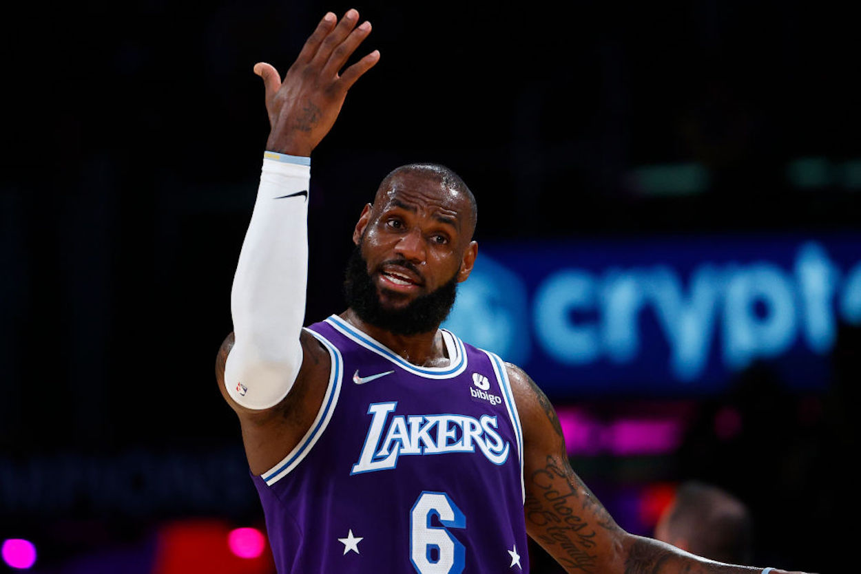 LeBron James reacts during a Los Angeles Lakers game.