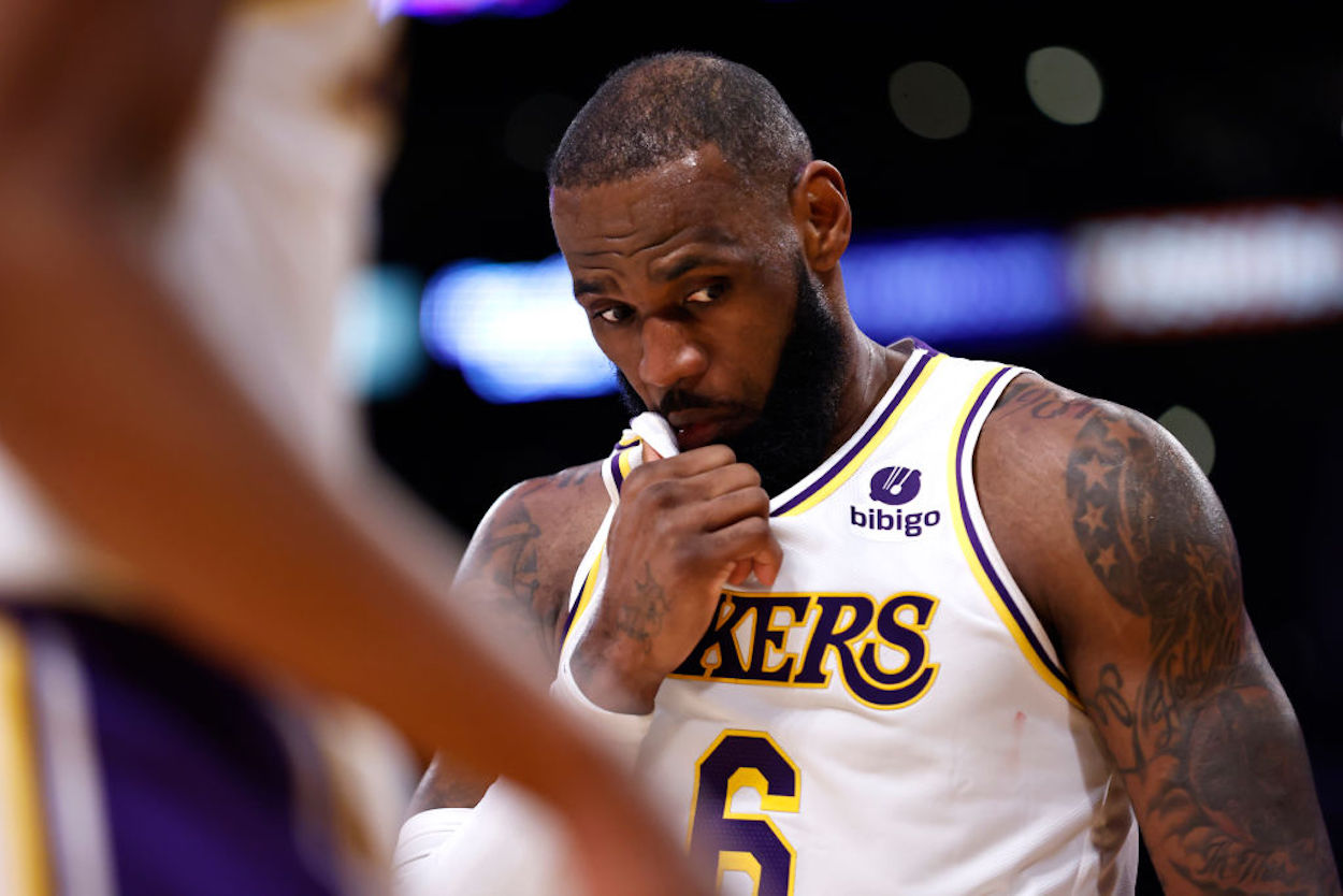 LeBron James reacts during a Los Angeles Lakers game.