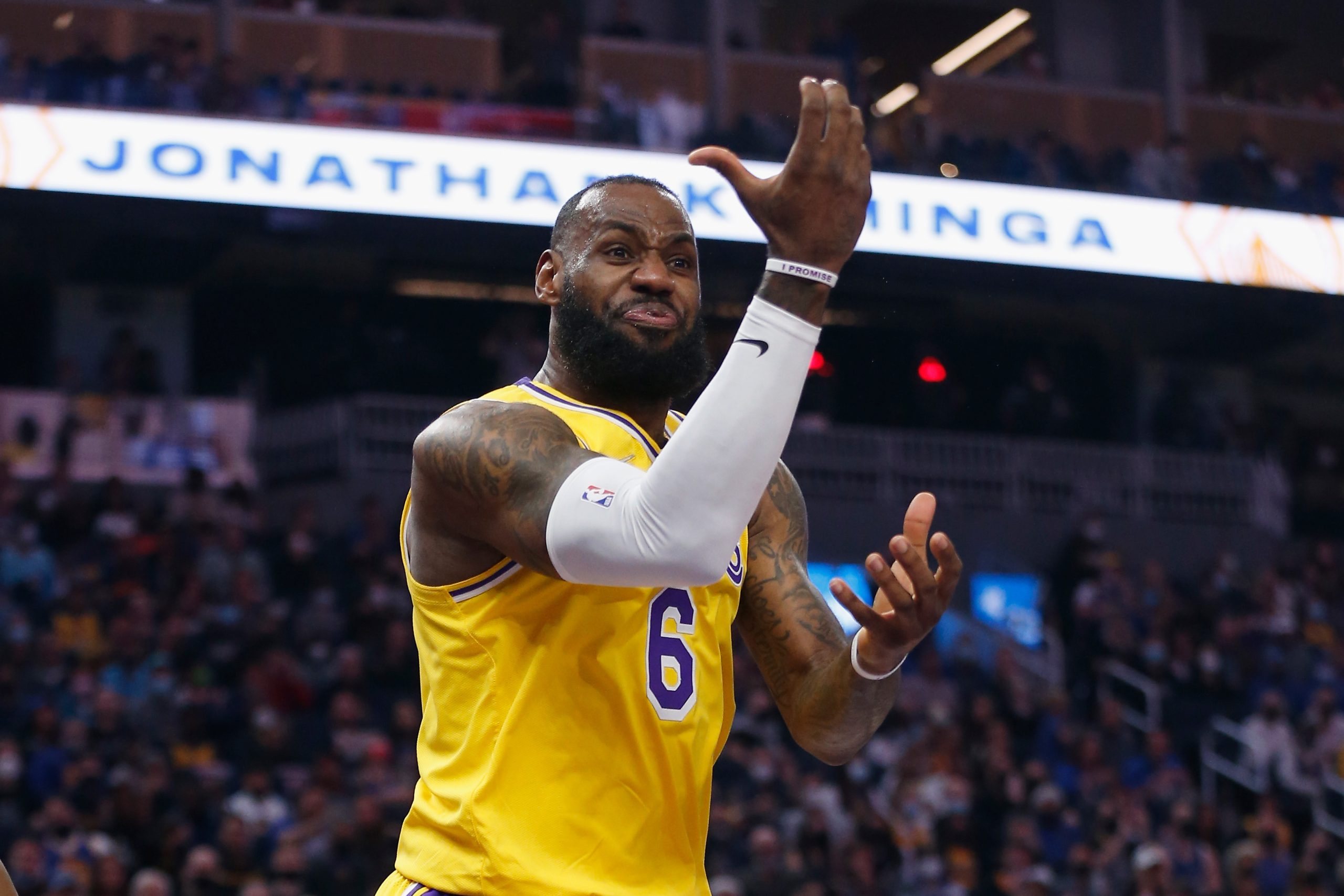 LeBron James of the Los Angeles Lakers appeals to the referee for a foul.