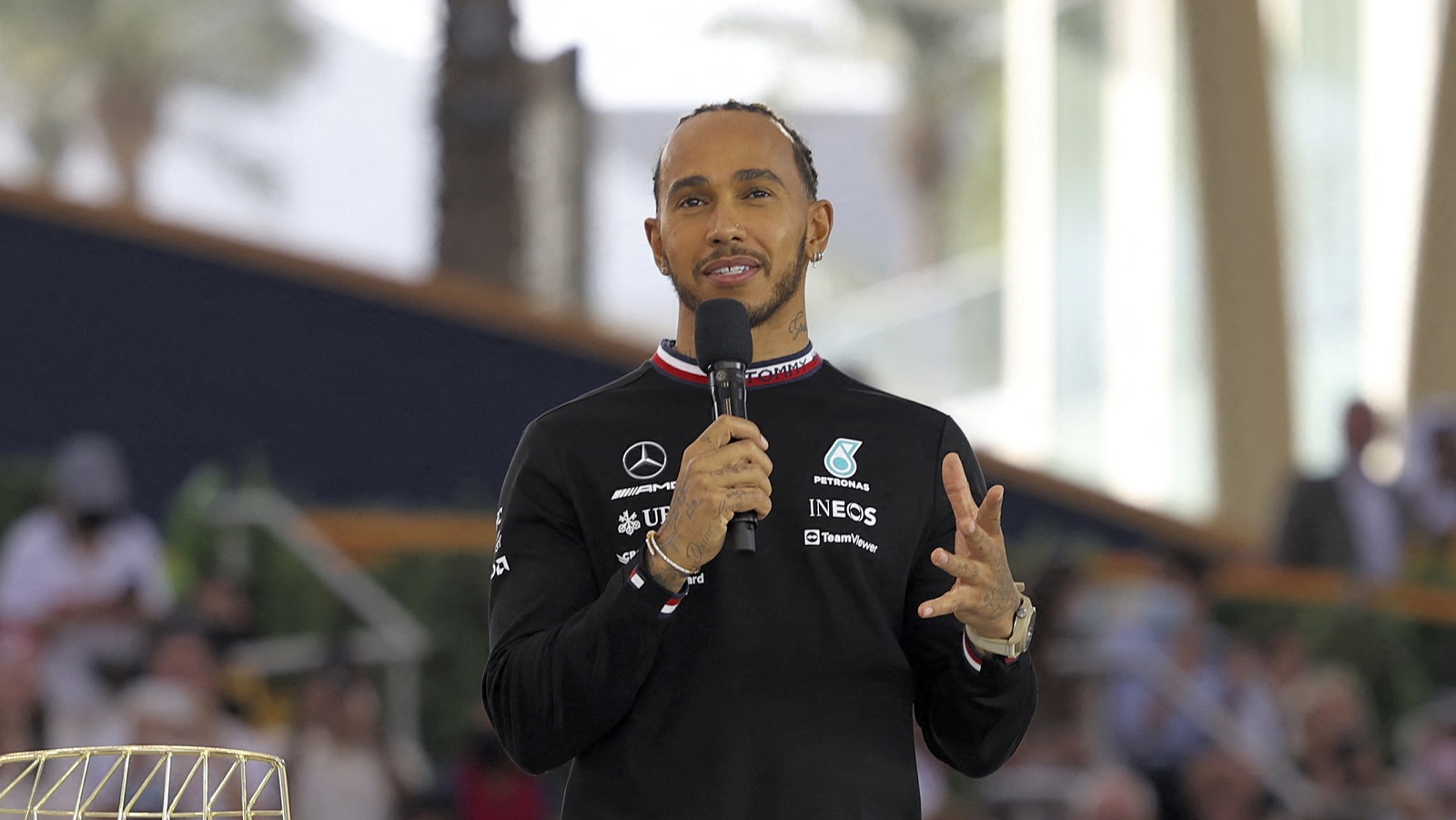 Lewis Hamilton speaks at Expo Dubai 2020 in the Gulf emirate on March 14, 2022.