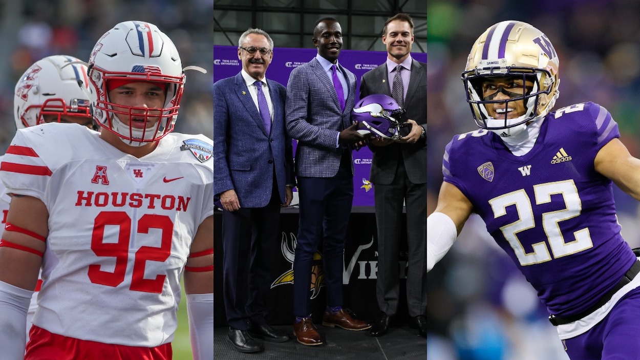 (L-R) Houston Cougars defensive lineman Logan Hall; Minnesota Vikings co-owner Zygi Wilf, general manager Kwesi Adofo-Mensah, Head coach Kevin O'Connell; Trent McDuffie of the Washington Huskies. Hall and McDuffie appear in this Minnesota Vikings mock draft.