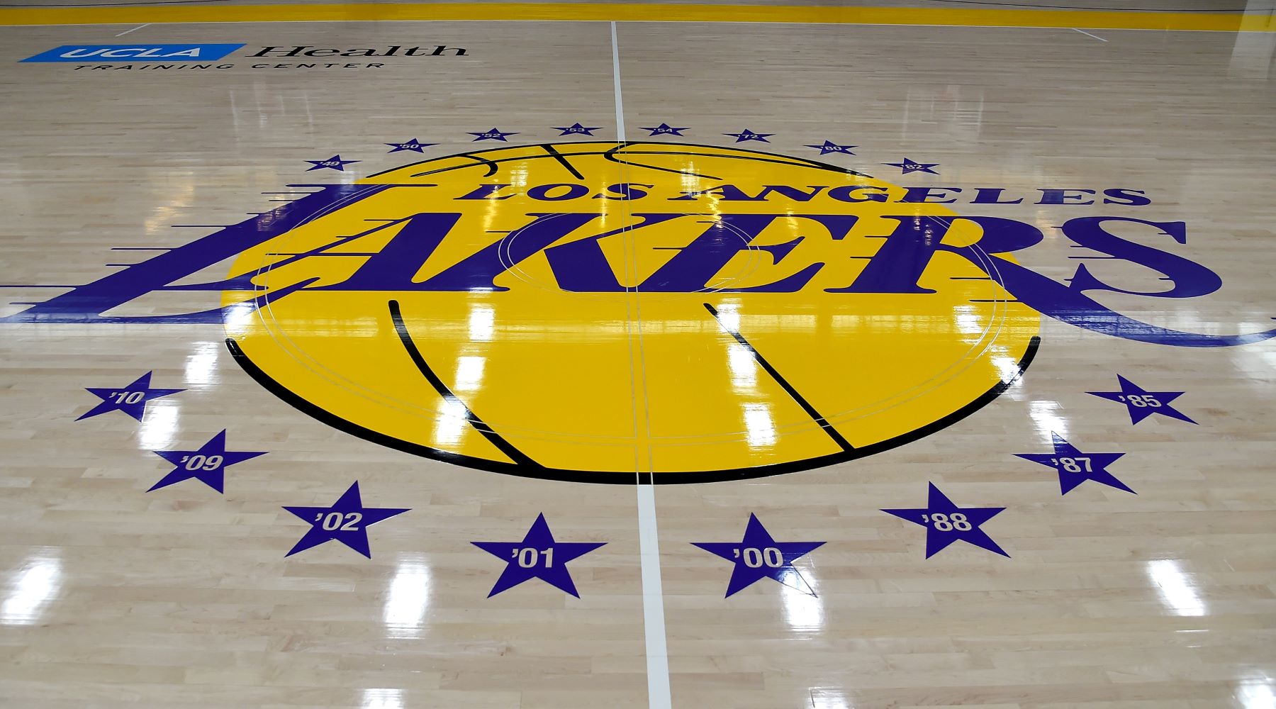 NBA team Los Angeles Lakers logo on the UCLA Health Training Center in Los Angeles, California