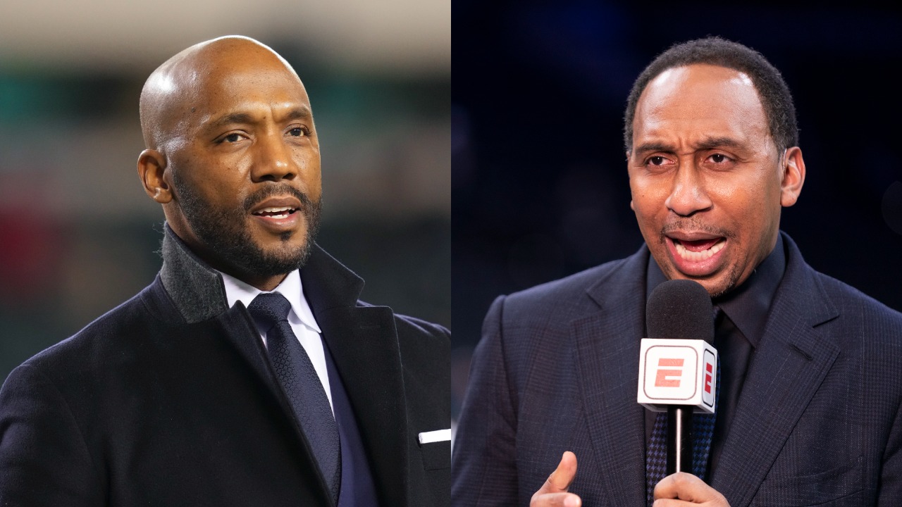 Steelers GM candidate Louis Riddick looks on before "Monday Night Football" game; Stephen A Smith talks before NBA game