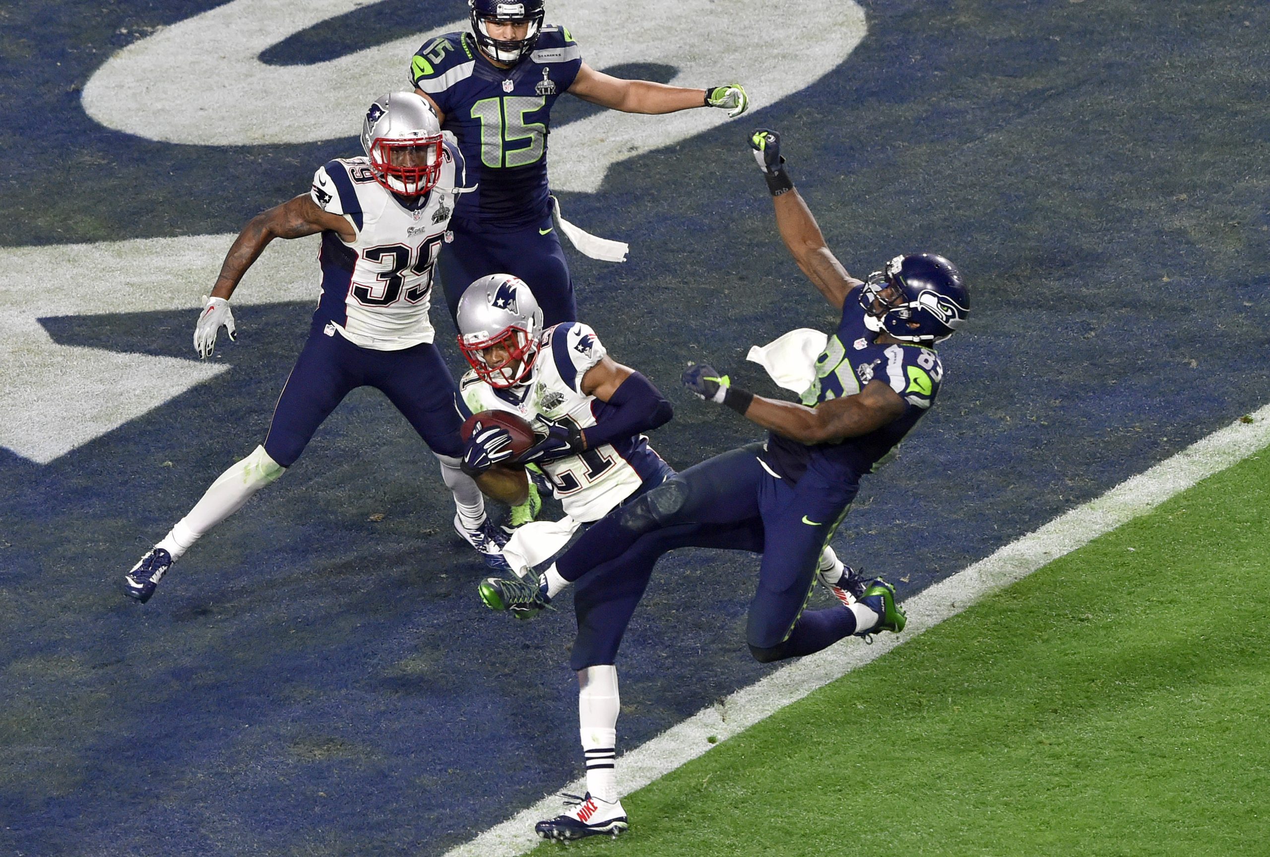 Malcolm Butler of the New England Patriots intercepts the pass at the goal line late in the fourth quarter against the Seattle Seahawks.