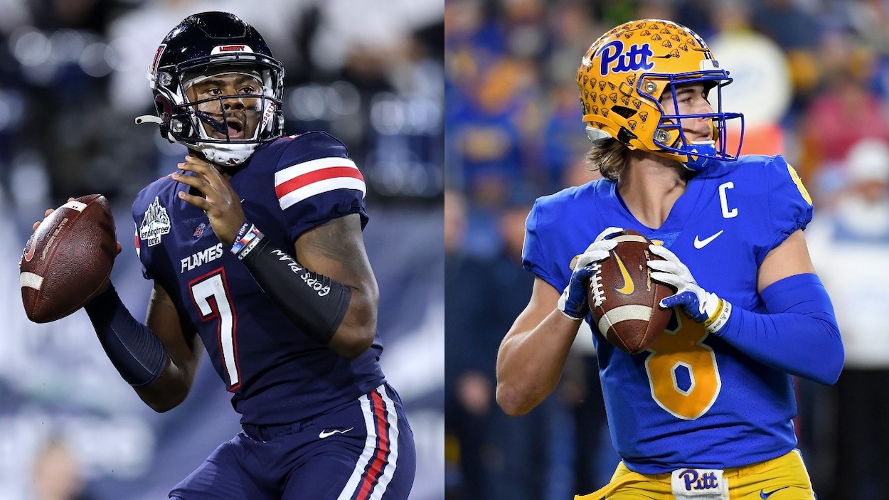 (L-R) Top NFL draft prospects Malik Willis of the Liberty Flames and Kenny Pickett of the Pittsburgh Panthers in 2021.