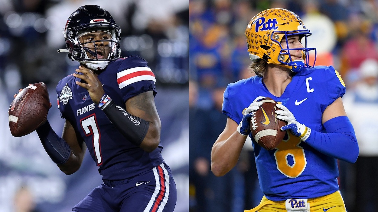 (L-R) Malik Willis of the Liberty Flames and Kenny Pickett of the Pittsburgh Panthers in 2021.