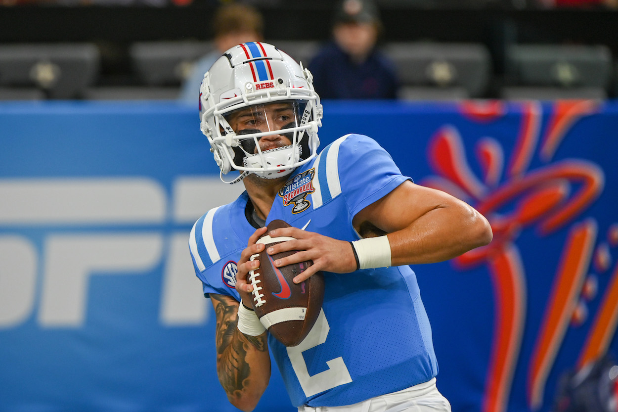 Ole Miss QB Matt Corral, pictured here at 2022 Sugar Bowl, could go to the Detroit Lions in the NFL Draft according to Mel Kiper Jr.