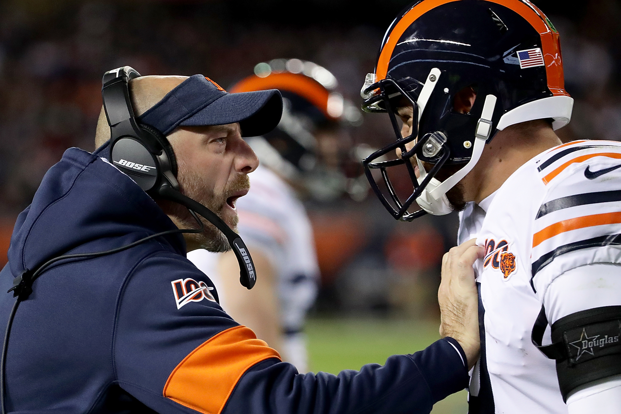 Chicago Bears head coach Matt Nagy (L) and quarterback Mitchell Trubisky in 2019.
