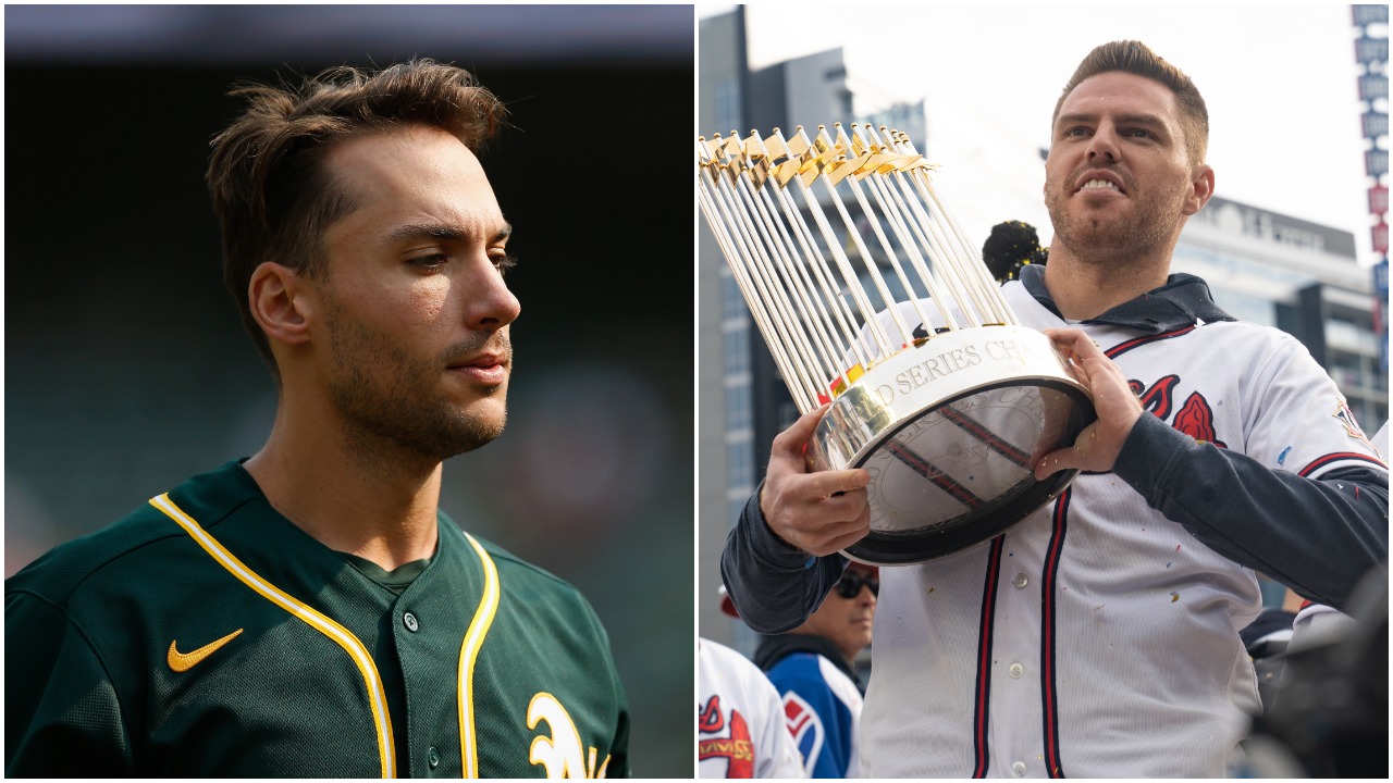 L-R: Atlanta Braves first baseman Matt Olson during an Oakland Athletics game in September 2021 and MLB free agent Freddie Freeman celebrating during the Braves' World Series parade