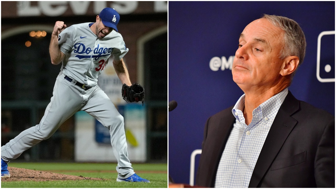 L-R: Max Scherzer celebrates during the 2021 MLB Playoffs and MLB Commissioner Rob Manfred speaks to reporters