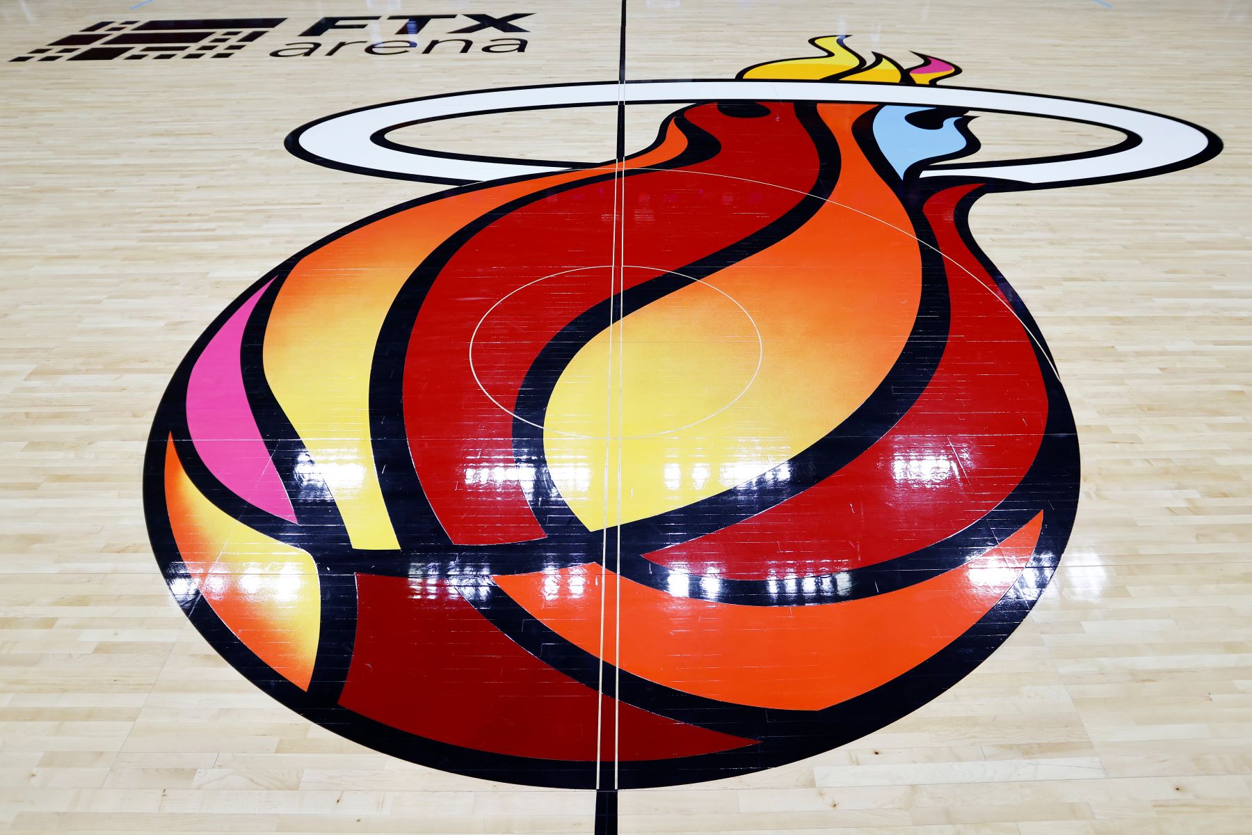 NBA team Miami Heat logo on the court before a game against the Milwaukee Bucks