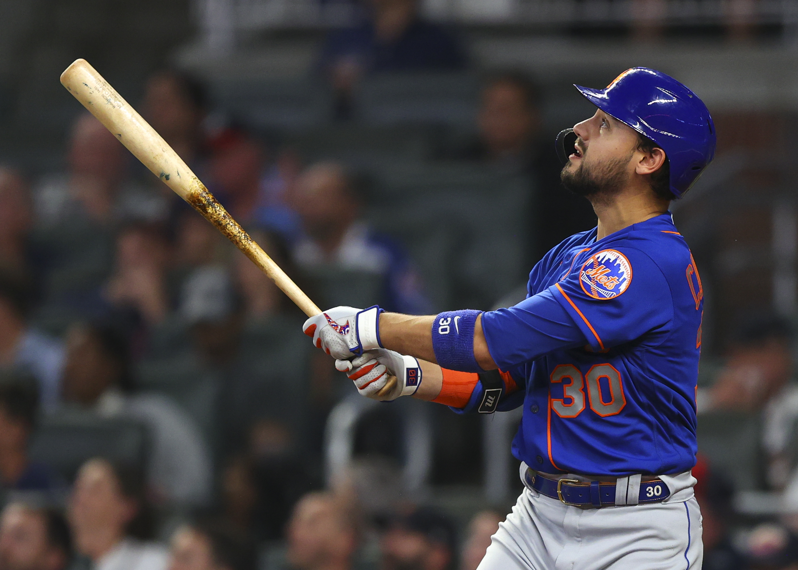 Former New York Mets outfielder and MLB free agent Michael Conforto watches a home run during a game in October