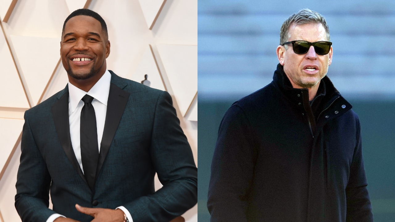 Michael Strahan poses for photo at Academy Awards; Fox NFL analyst Troy Aikman walks on field before a game