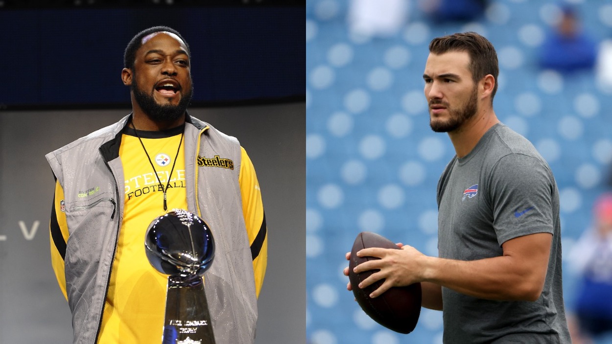 (L-R) Pittsburgh Steelers head coach Mike Tomlin stands with the Lombardi Trophy in 2011; former Buffalo Bills backup QB Mitchell Trubisky warms up in 2021. The Steelers signing the QB dropped the team's Super Bowl odds.