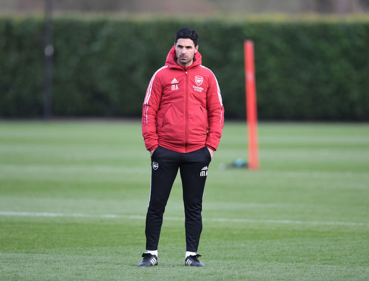 Arsenal manager Mikel Arteta looks on during training.
