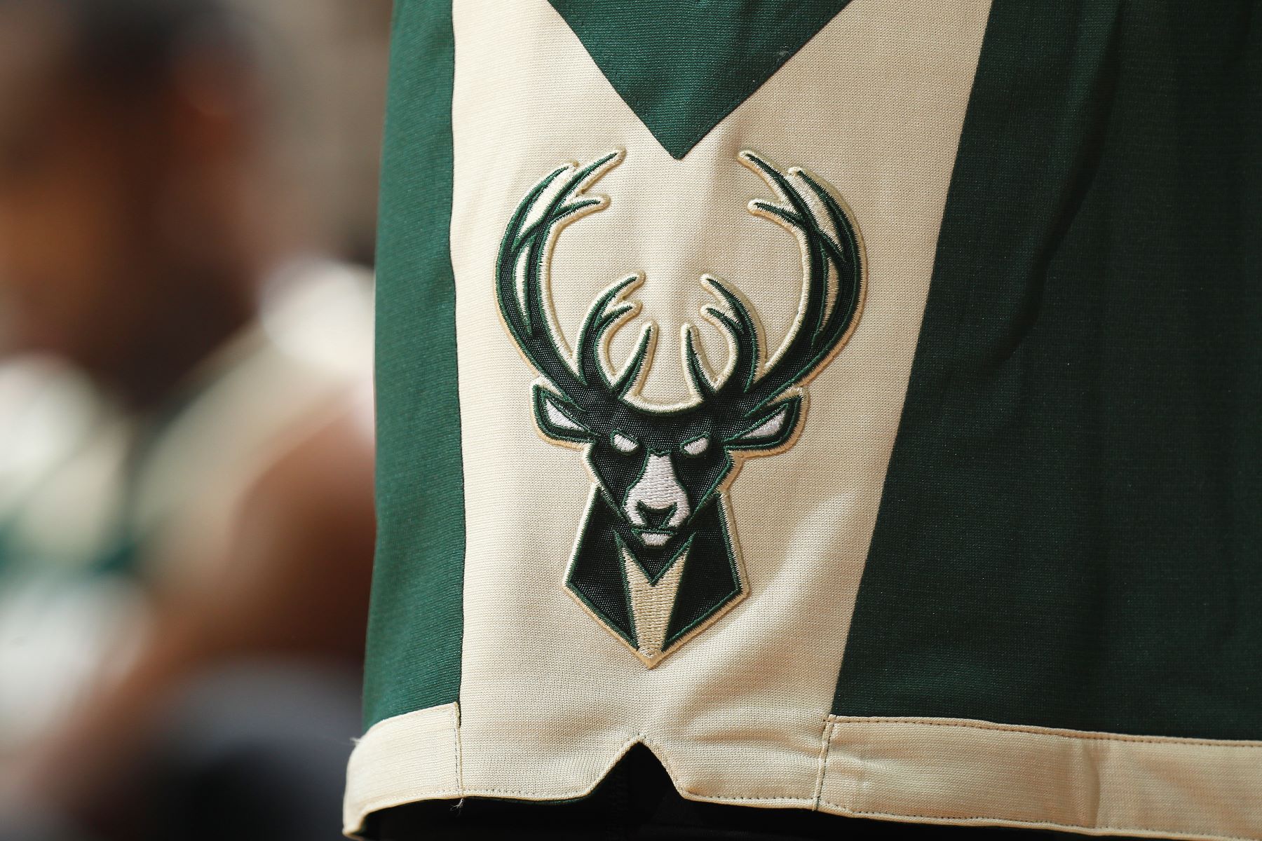 NBA team Milwaukee Bucks logo seen on the uniform shorts during a game against the Cleveland Cavaliers