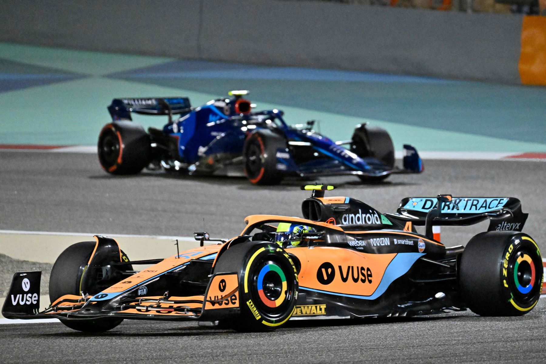 McLaren driver Lando Norris participating in the Bahrain Formula One Grand Prix motorsports race in Sakhir