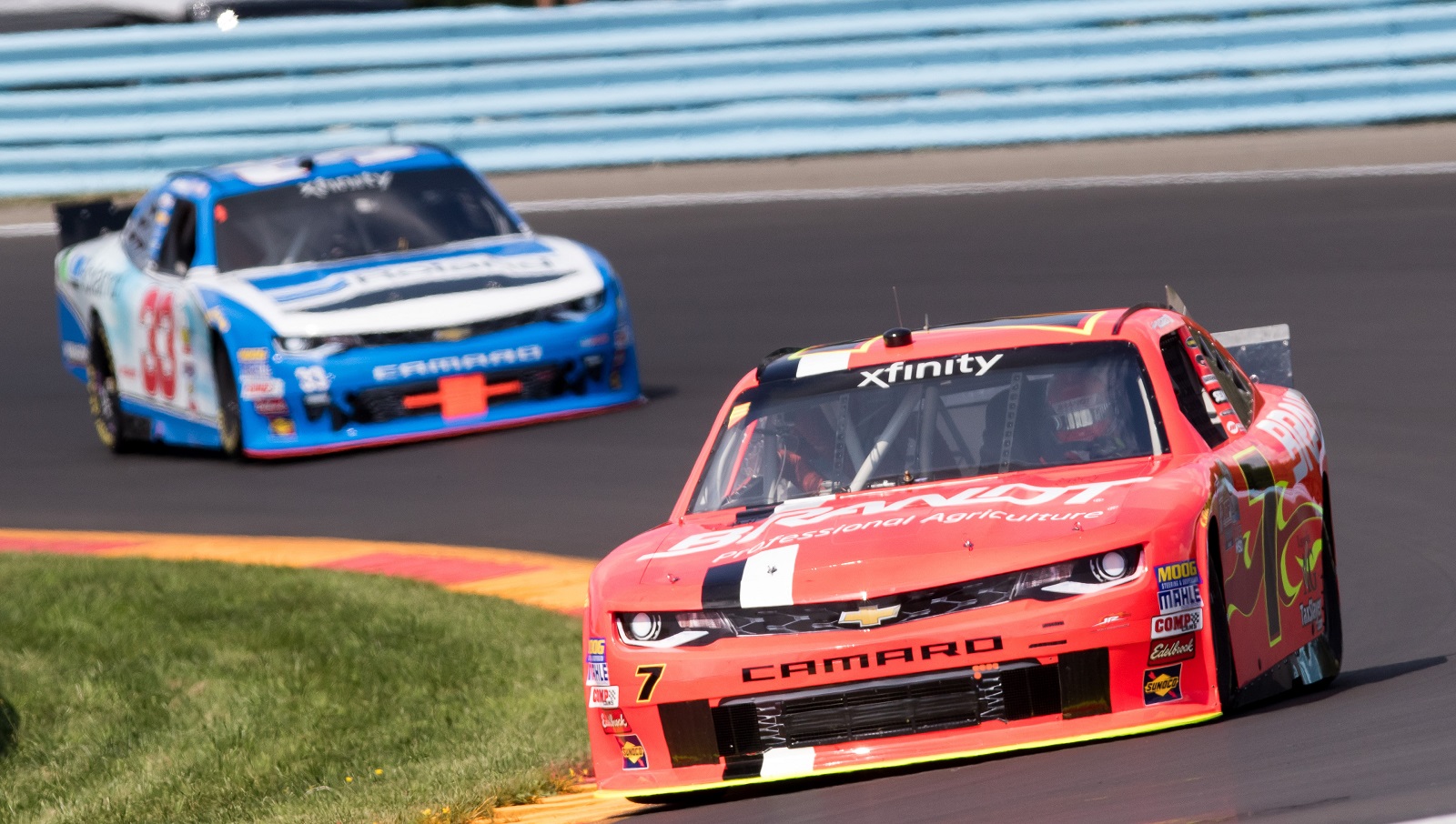 Justin Allgaier, driver of the No. 7 Chevy, races through the carousel during an Xfinity Series practice at Watkins Glen.